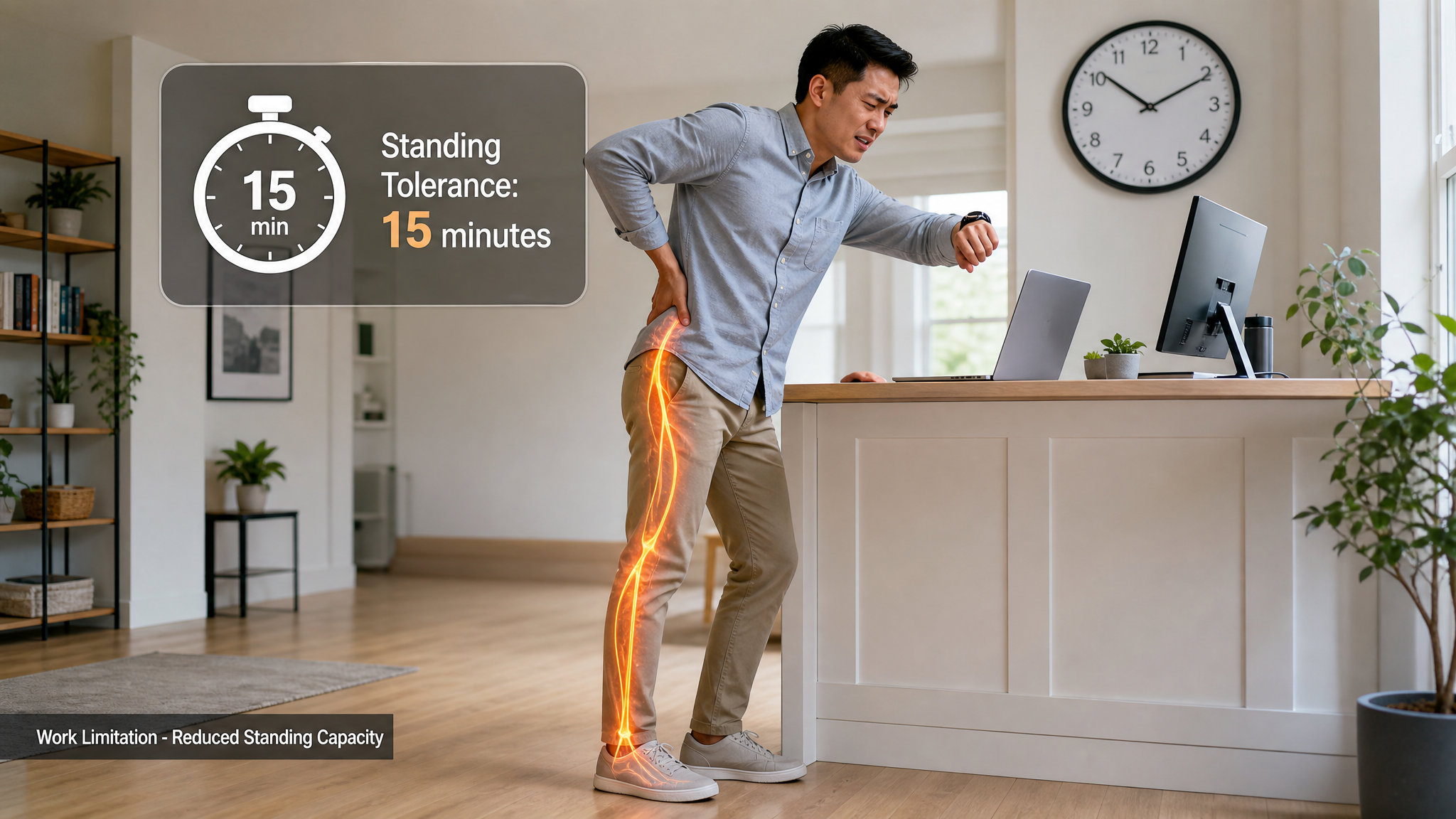 Asian man unable to keep standing at a work counter because of leg pain, one hand on his low back, a clock overlay showing limited standing tolerance