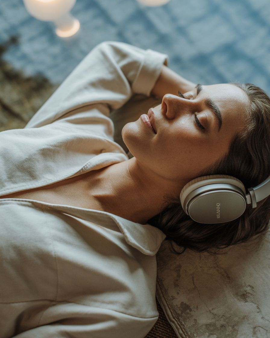 Mujer en sesión de breathwork profundamente relajada con audífonos