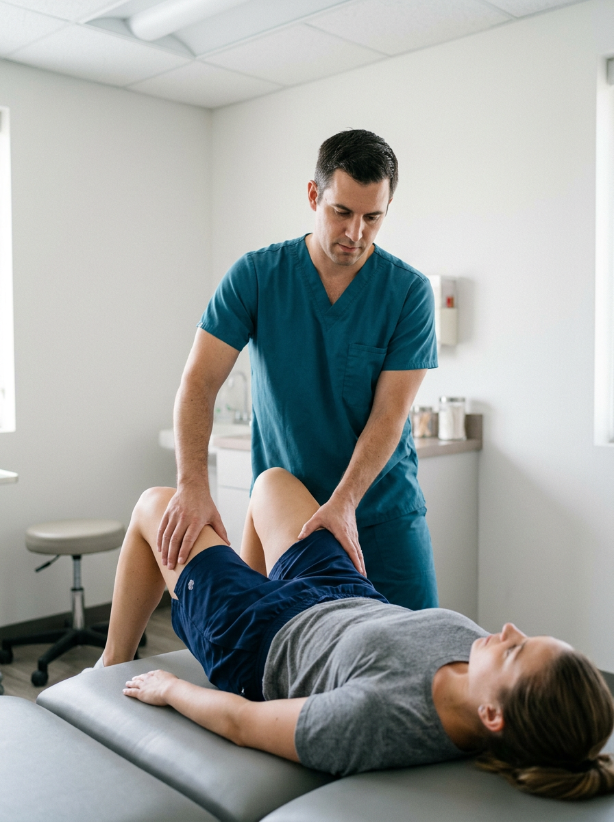 Clinician performing a hip abduction test on a supine veteran patient moving the leg outward away from the midline while measuring with a goniometer