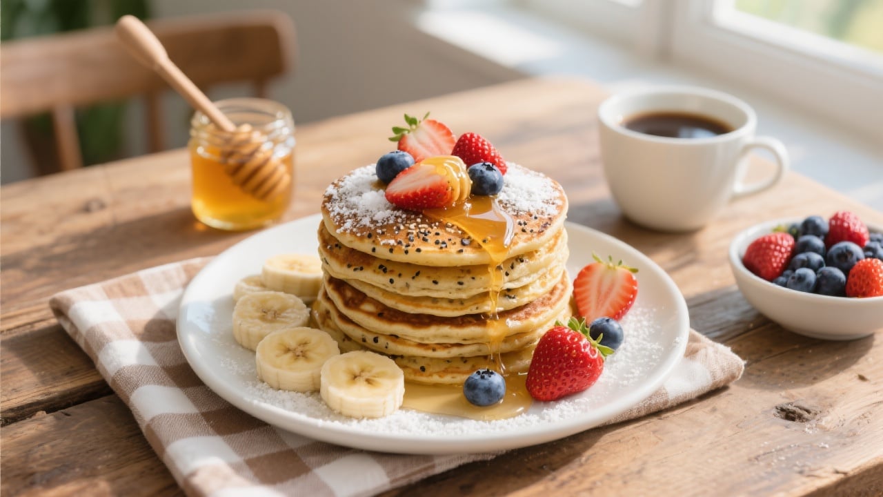 Crêpes sucrées aux graines de chia 4 Crêpes aux graines de chia empilées sur une assiette, nappées de sirop d’érable