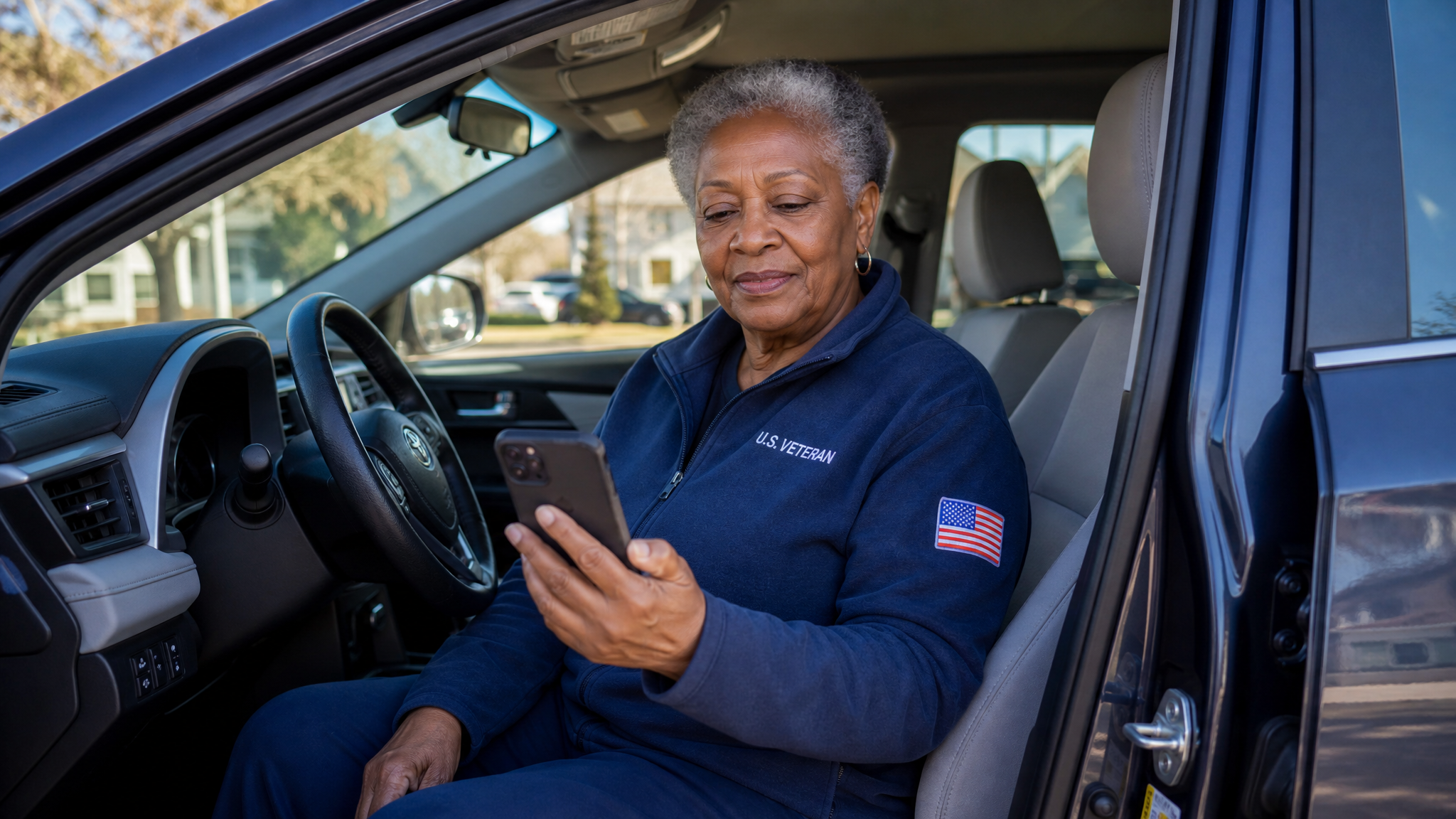 A senior African American female veteran in the driver seat of her car checking a travel reimbursement app on her phone before a VA appointment