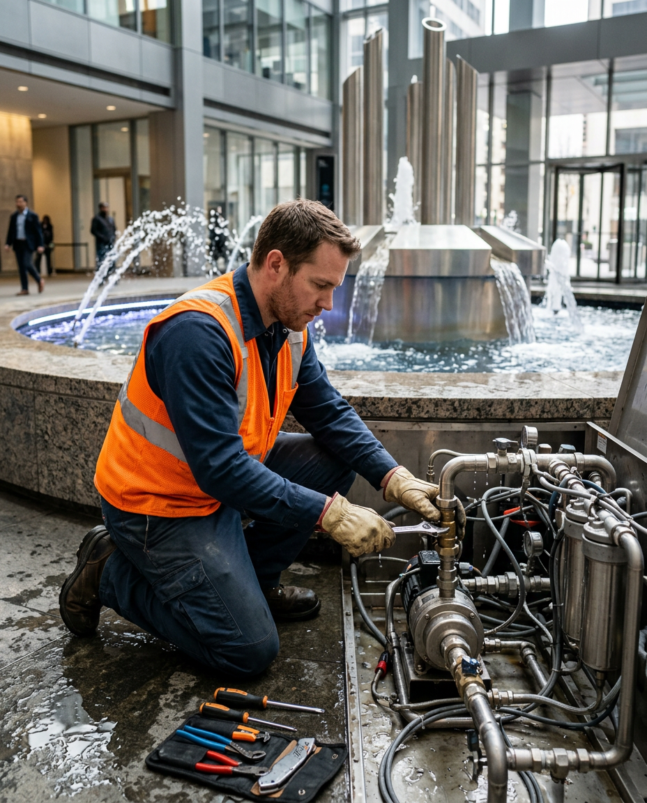 Professional fountain engineer inspecting a commercial water feature system