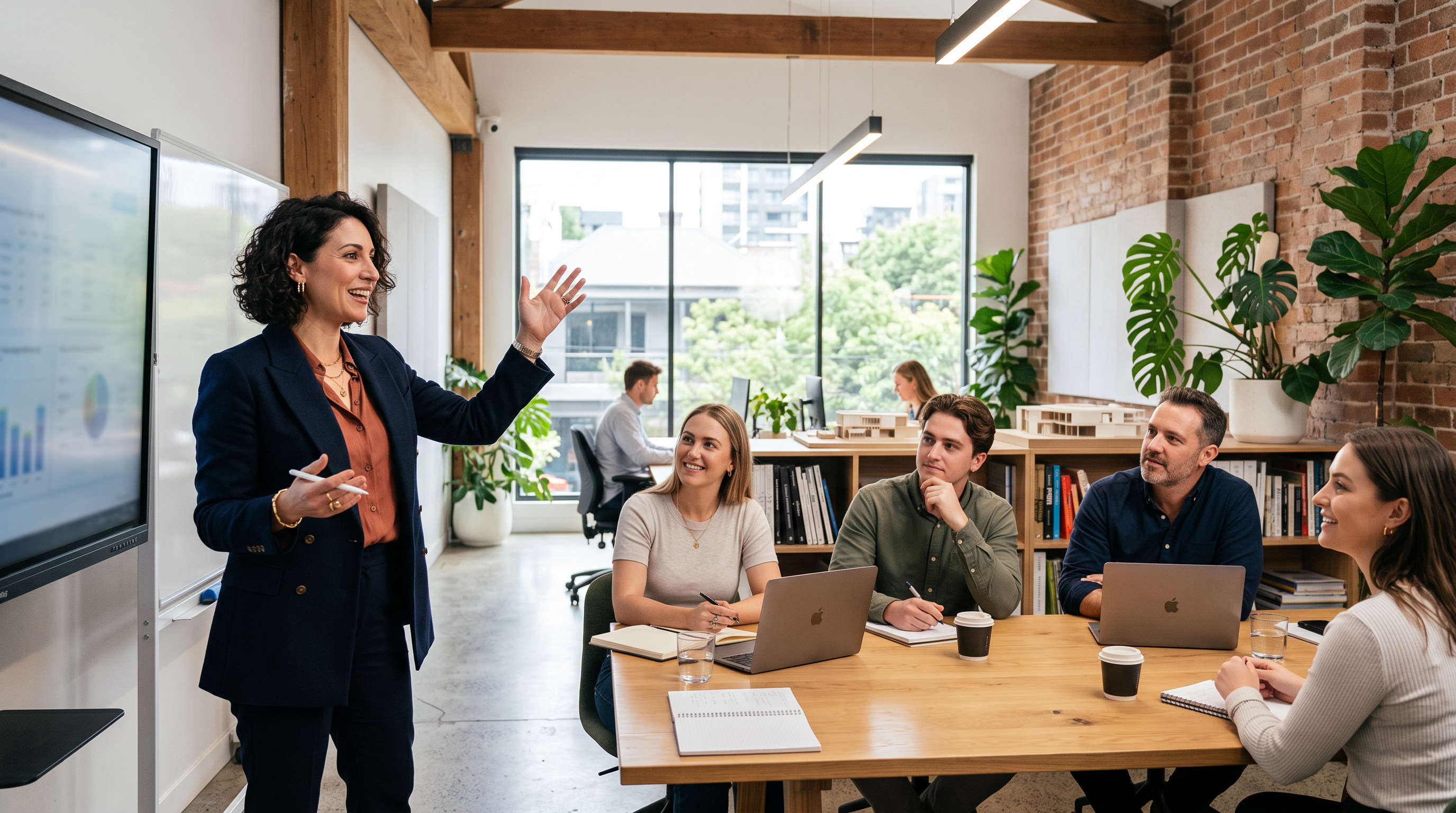 An Italian-background professional woman presenting expressively to a team in a modern Australian office