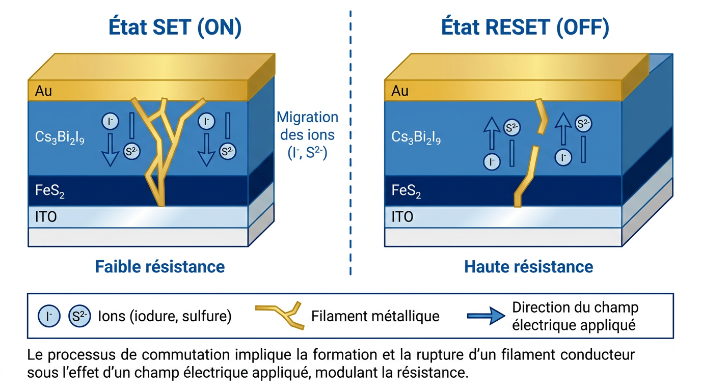 Schéma du mécanisme de switching SET/RESET montrant la formation et rupture de filaments conducteurs avec migration des ions