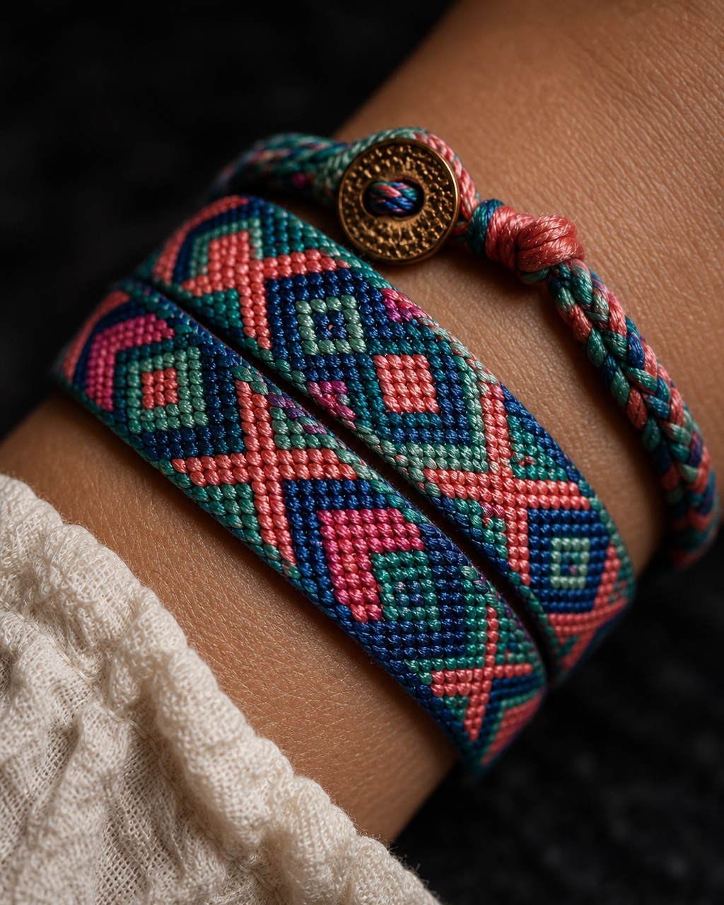 Close-up of the Chichicastenango Wrap on a model's wrist