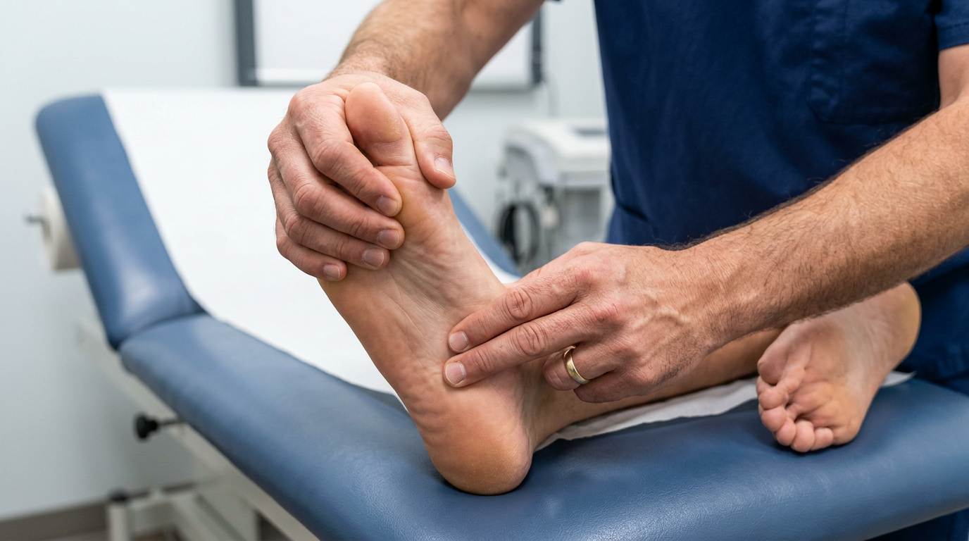 Close-up of clinician hands performing the Windlass test by dorsiflexing the patient big toe while palpating the plantar fascia