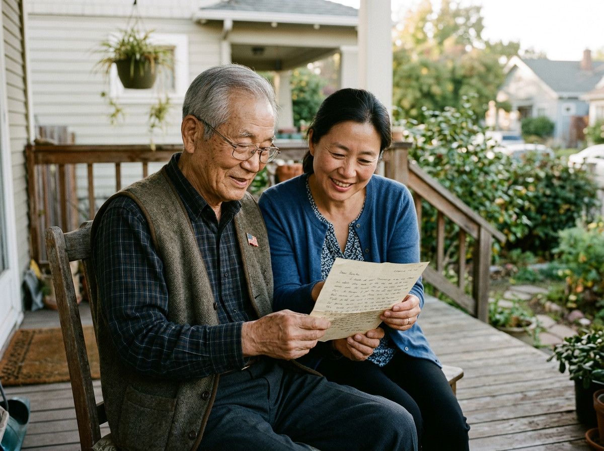 An older veteran and his adult daughter reading a VA letter together on the porch