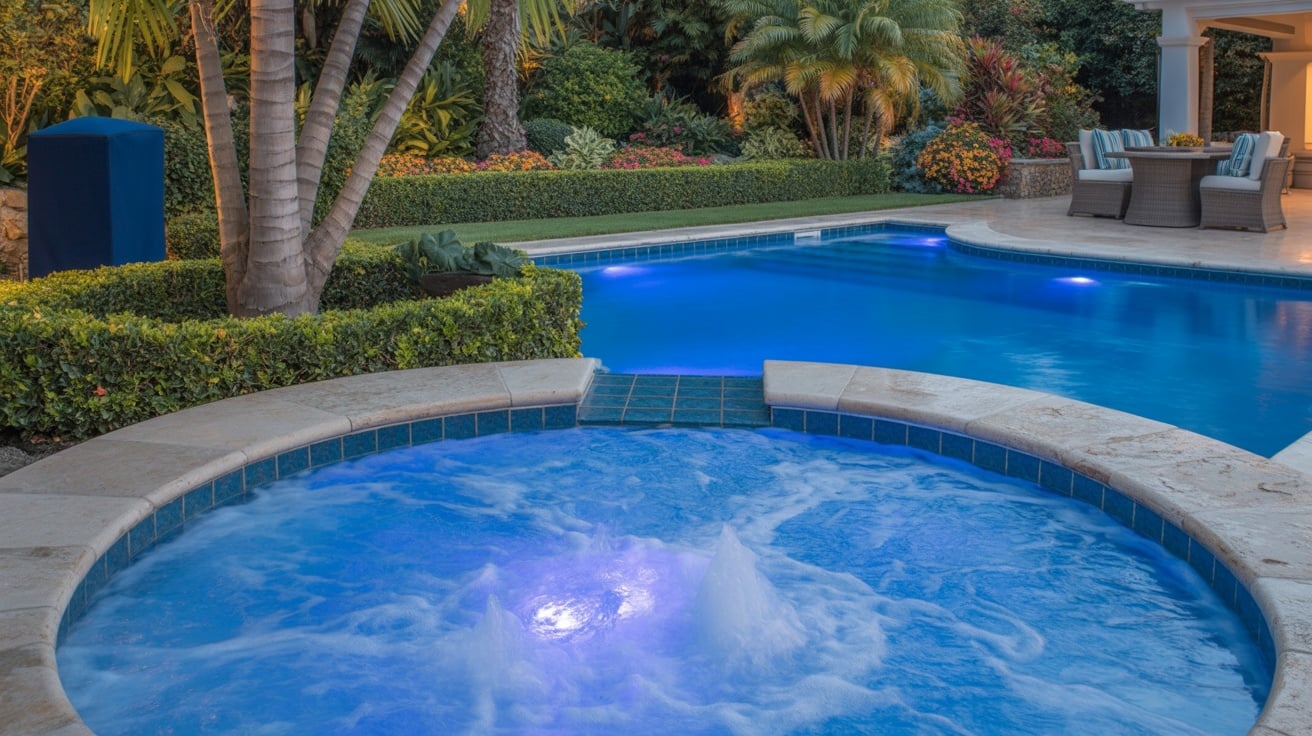 Backyard oasis with pool hot tub and lush landscaping