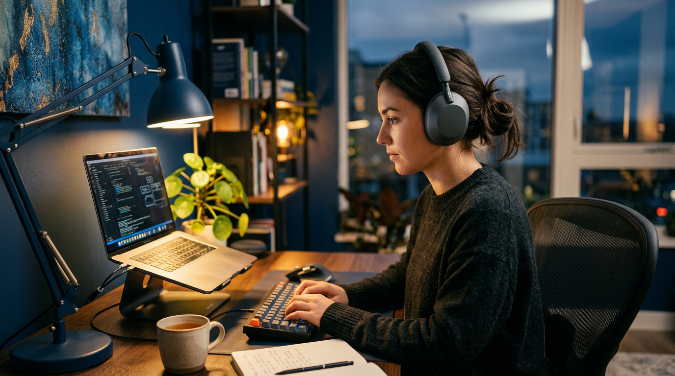 Pessoa com fones noise-canceling em deep work concentrado