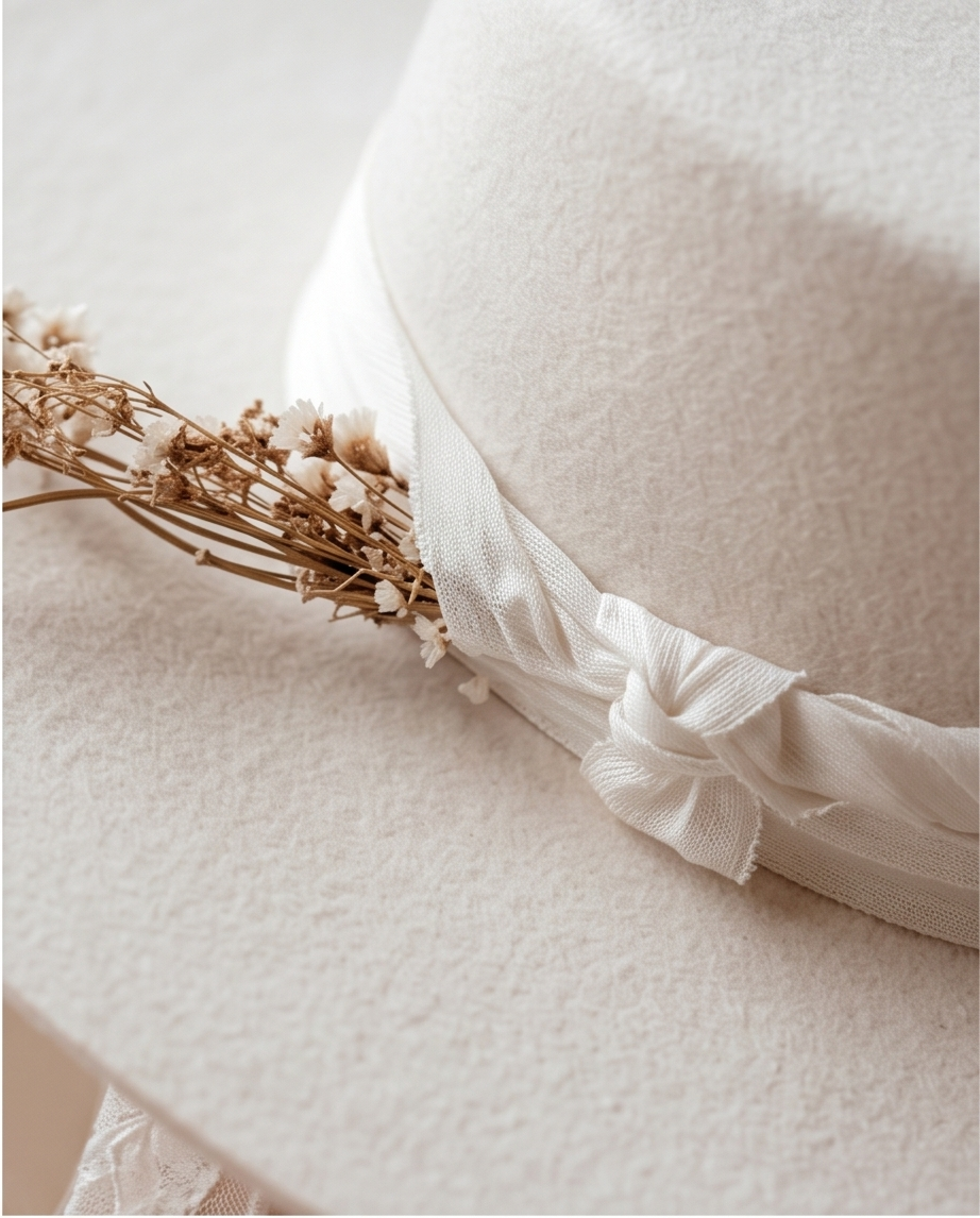 Détail grosgrain sur chapeau blanc — gamme Mariage