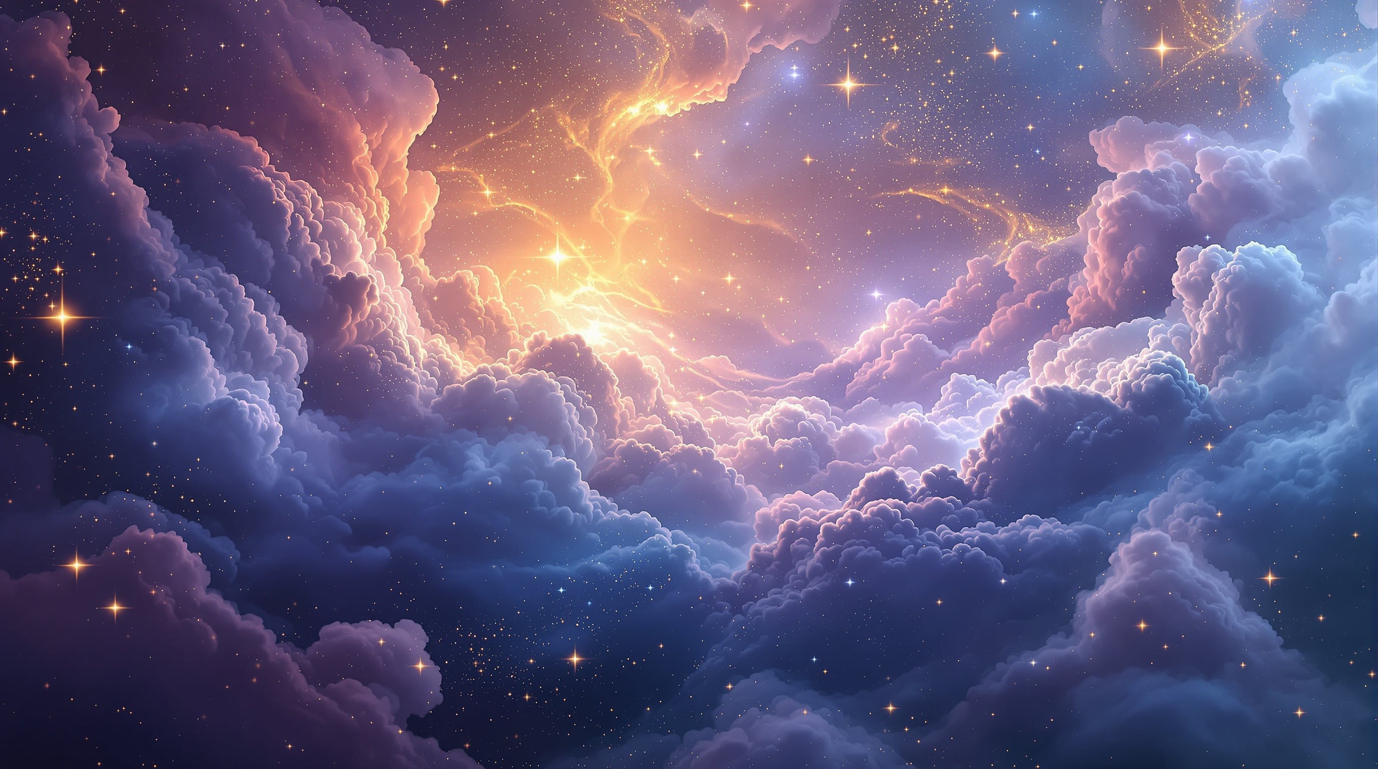Ethereal cosmic celestial scene with soft blues and purples