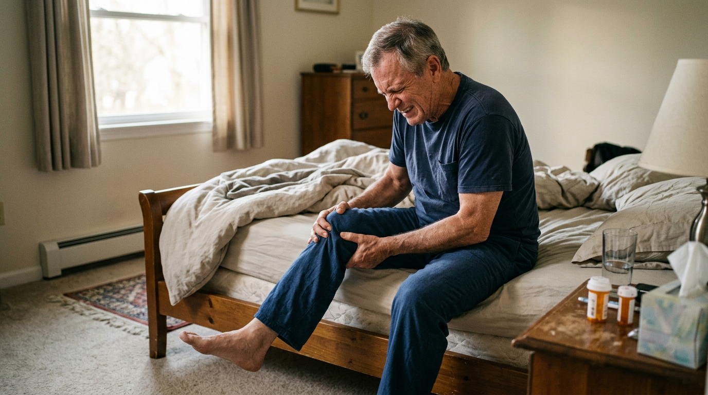 Photograph of an older veteran sitting on the edge of a bed in morning light, gripping a stiff knee as he tries to straighten it