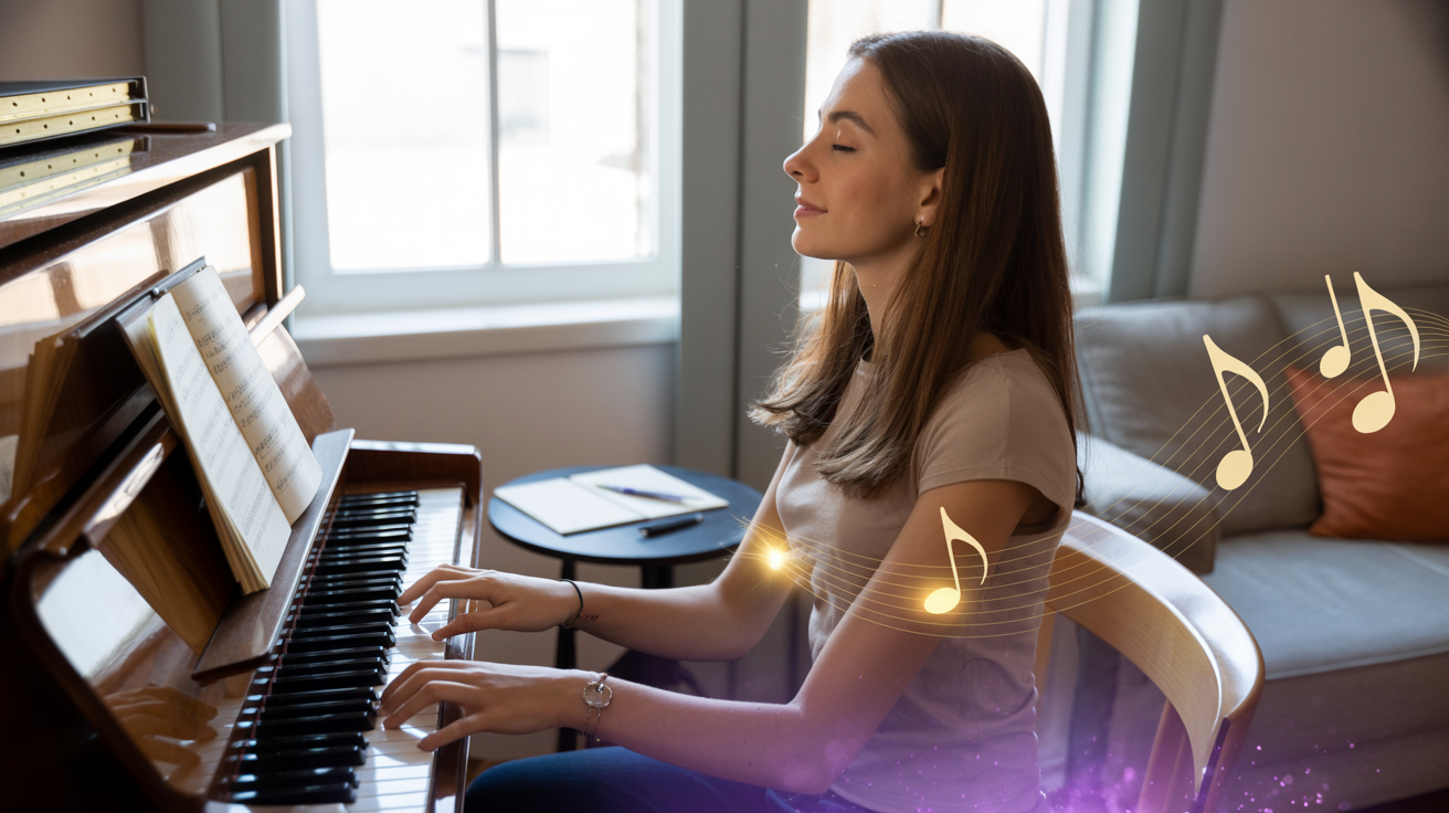 Mlada žena svira klavir sa zatvorenim očima — kreativno buđenje nakon gubitka posla. žena svira klavir sa zatvorenim očima dok muzika simbolično predstavlja kreativnost i unutrašnji poziv duše u budućnosti bez rada