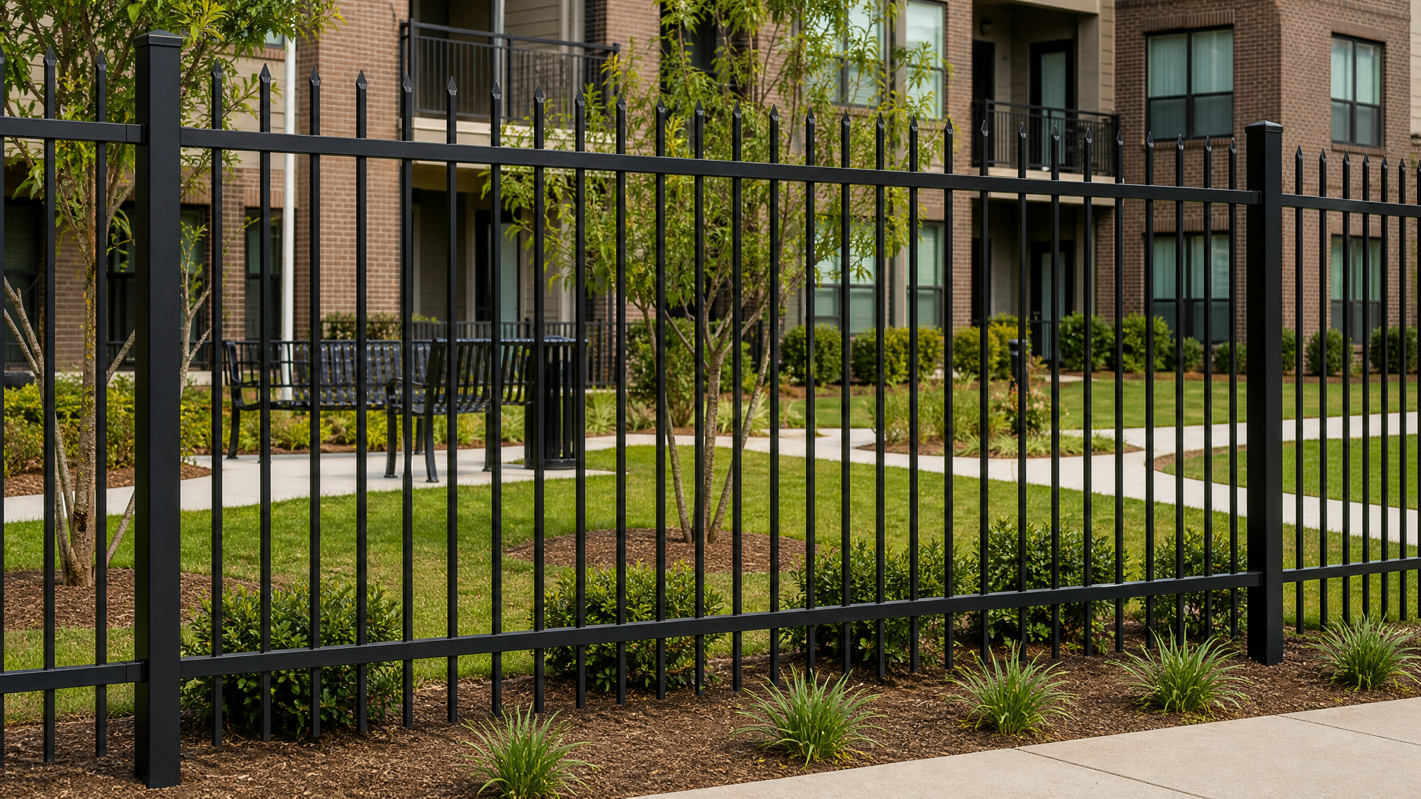 P300 Perimeter pinched security top welded steel fence around an apartment complex courtyard