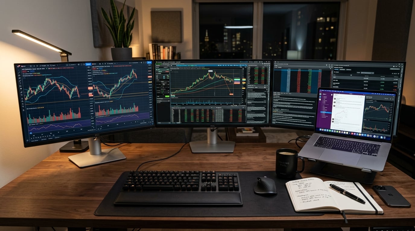 Organized trading workspace with notebooks and monitors