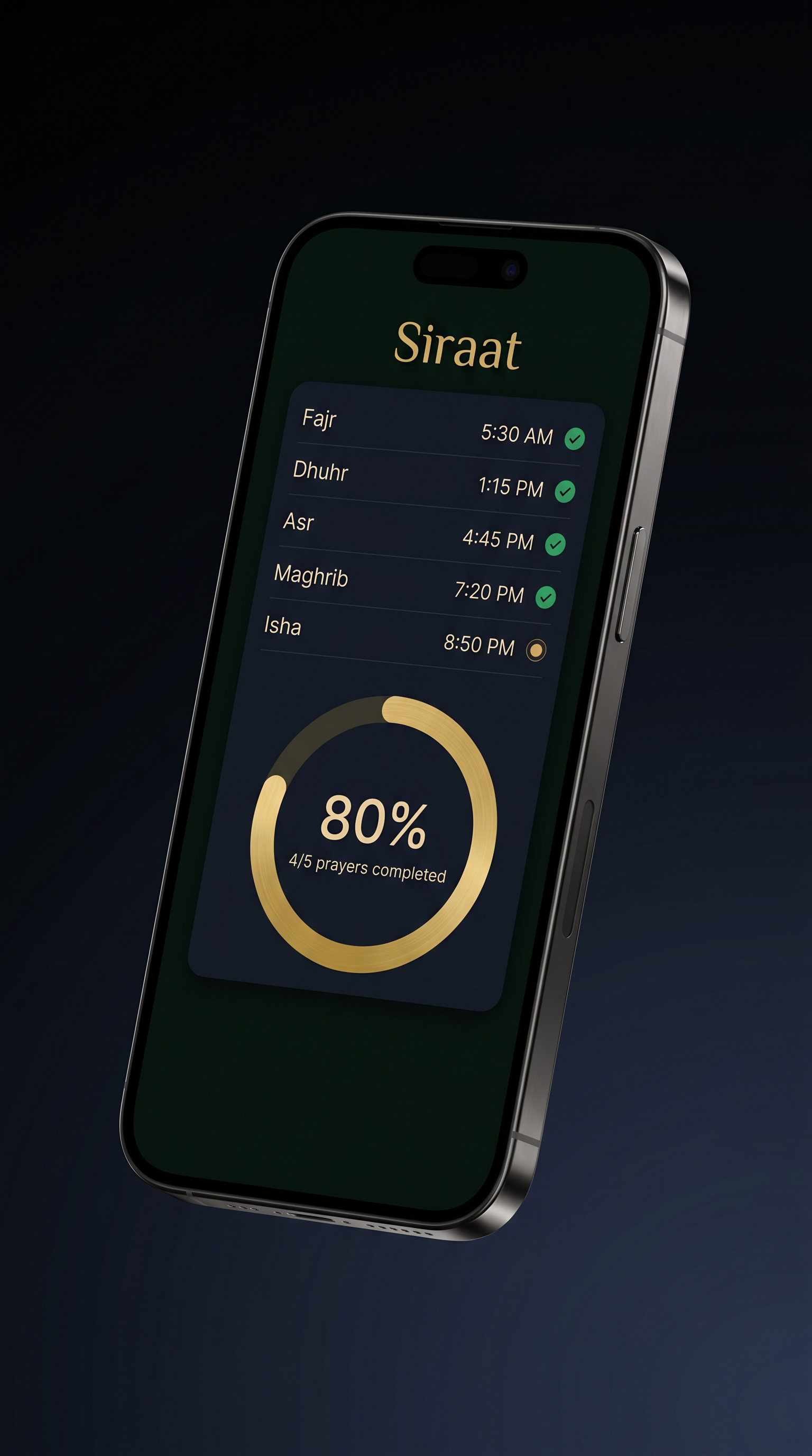 Siraat home screen showing prayer times and progress