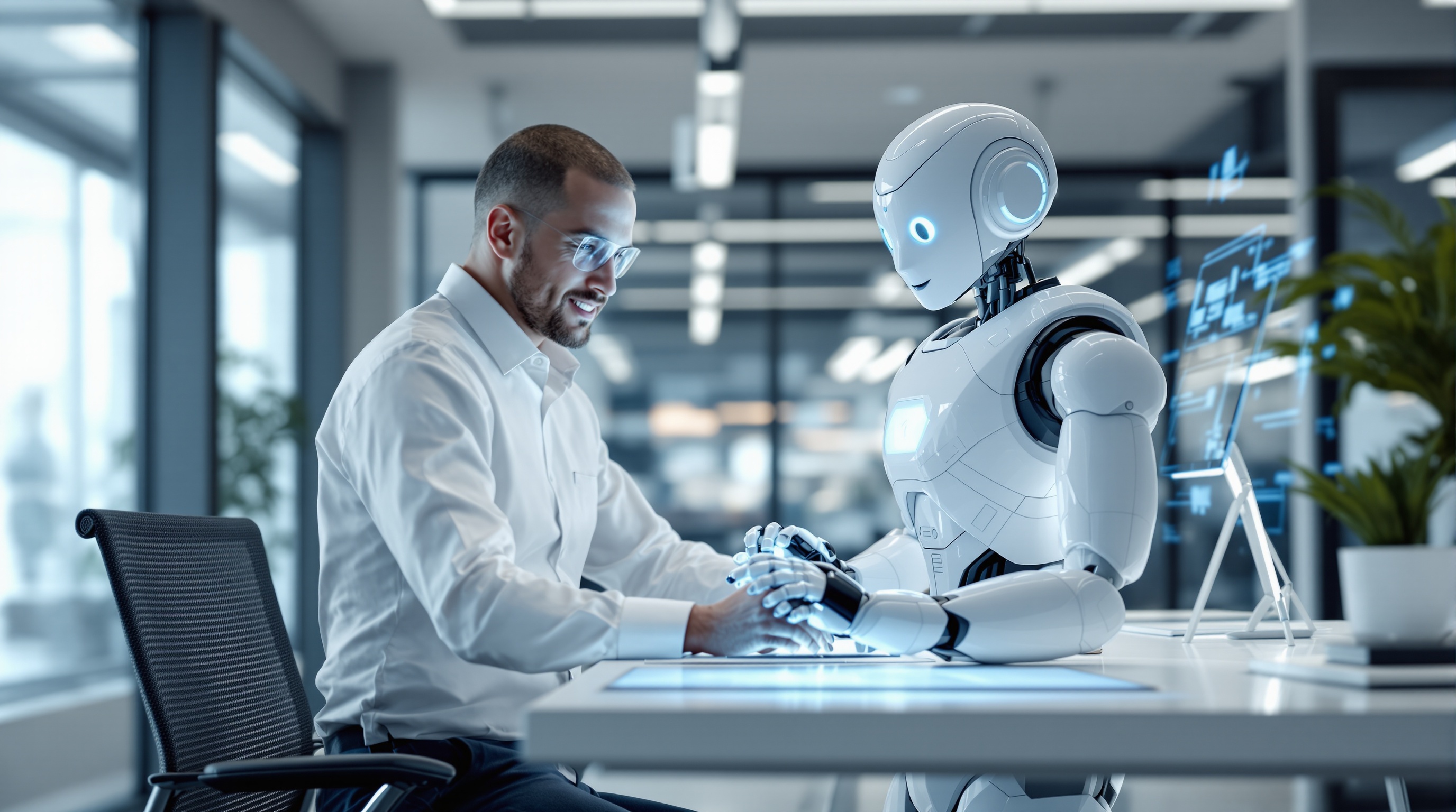 čovek i humanoidni robot saradnja veštačka inteligencija rad sa AI tehnologijom kancelarija