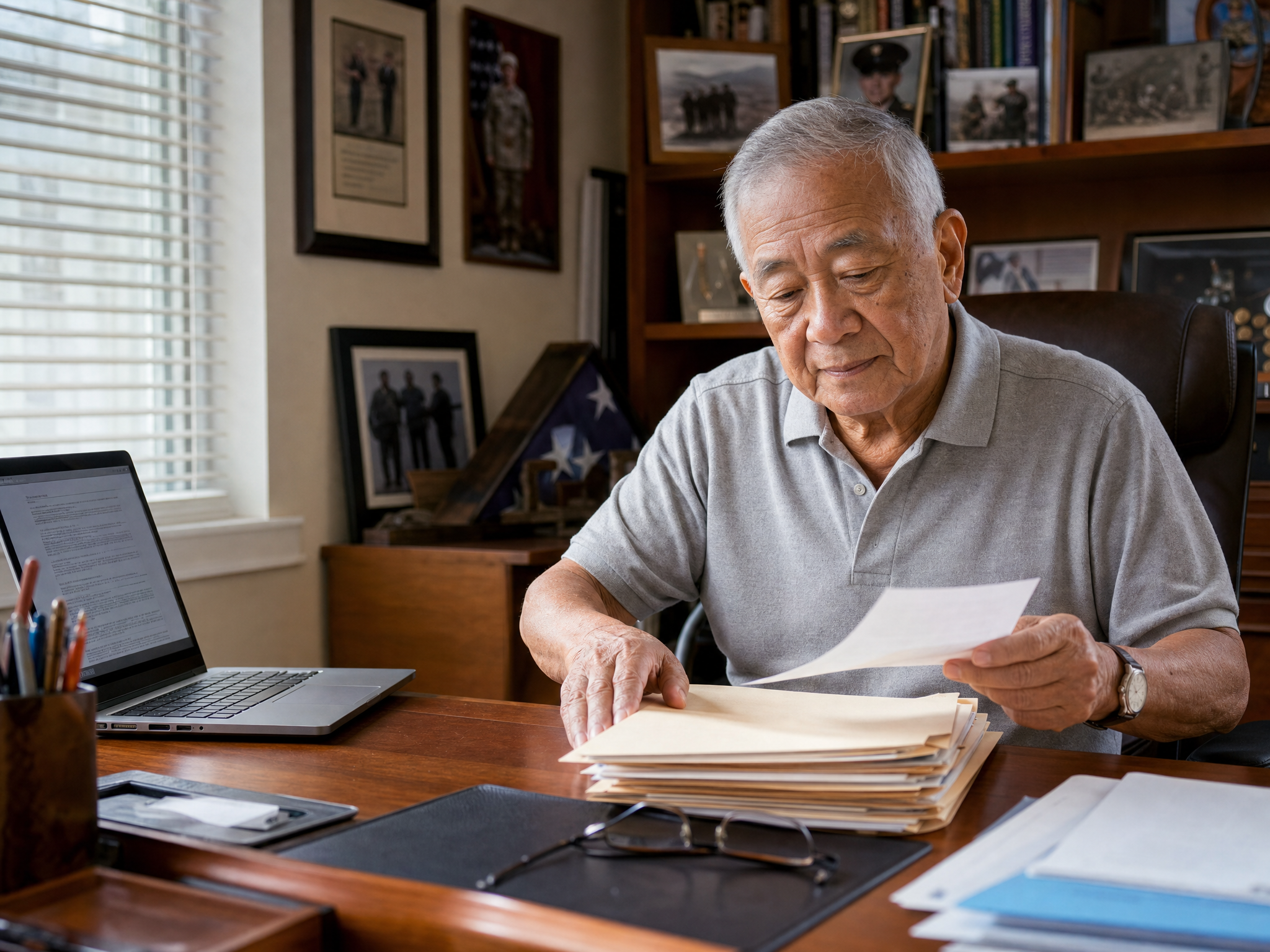 A senior Asian American veteran carefully organizing his benefit and service documents at home