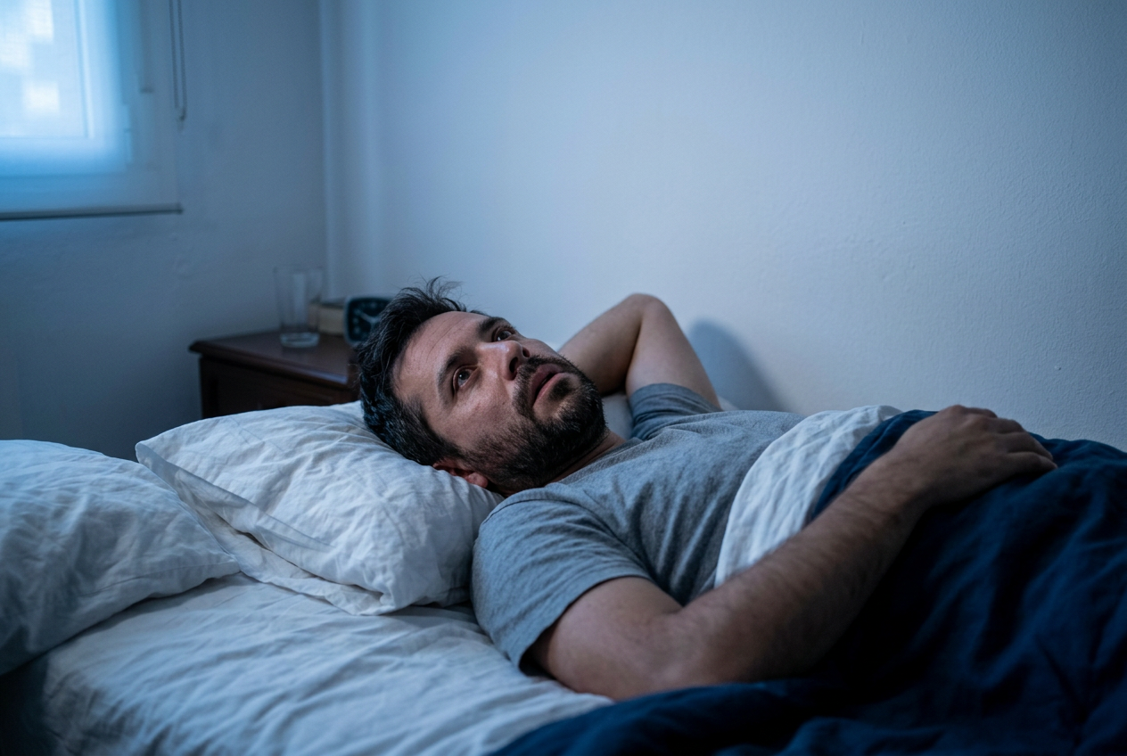 A Hispanic male veteran lying awake in bed at night, eyes open, staring at the ceiling