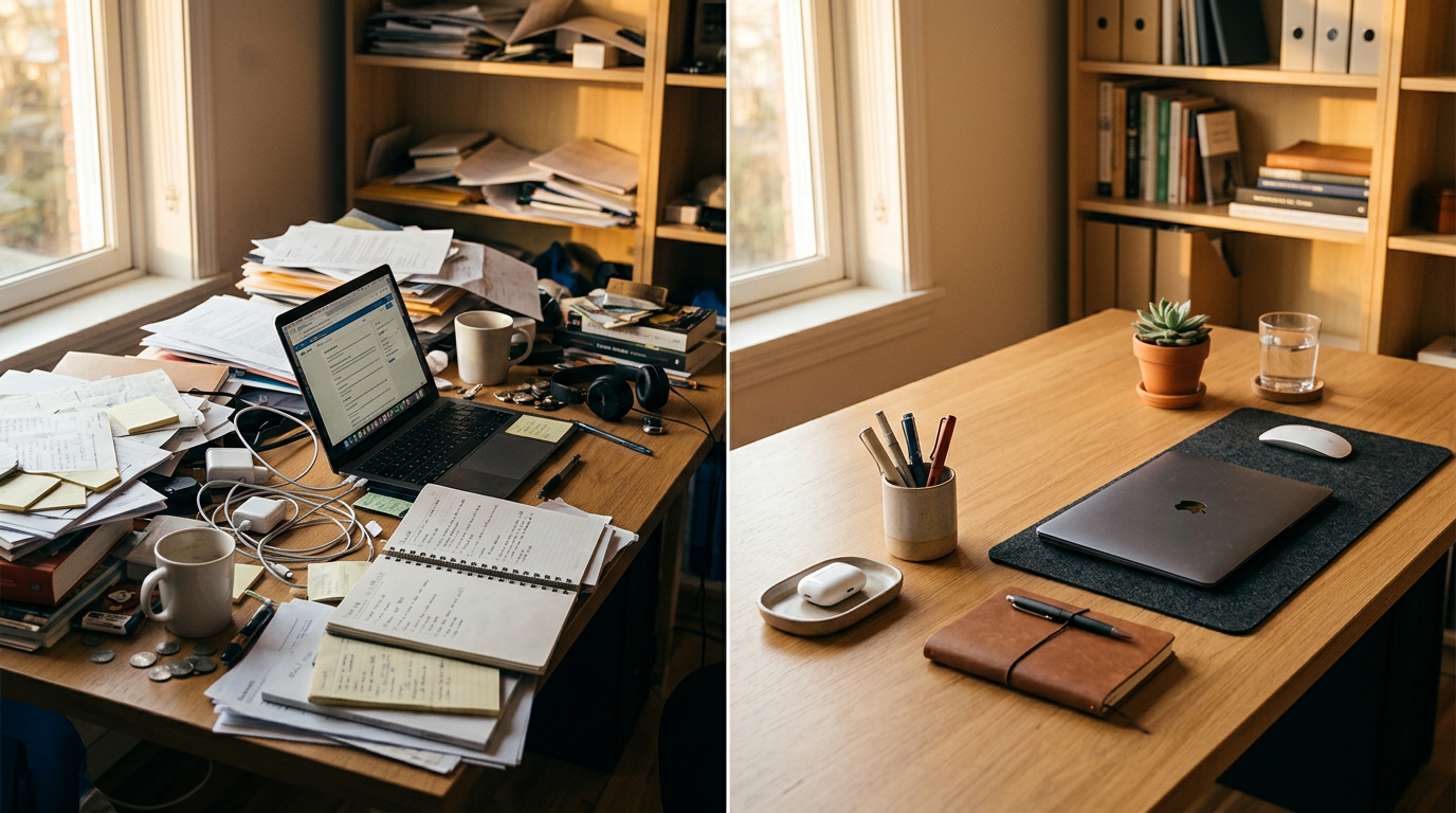 Comparação entre mesa desorganizada e mesa minimalista organizada