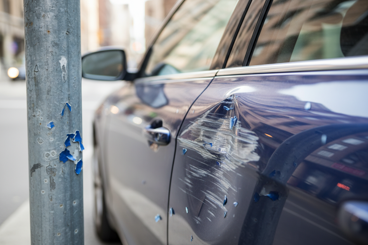 Car scraped against a pole with paint scraped away exposing primer and metal