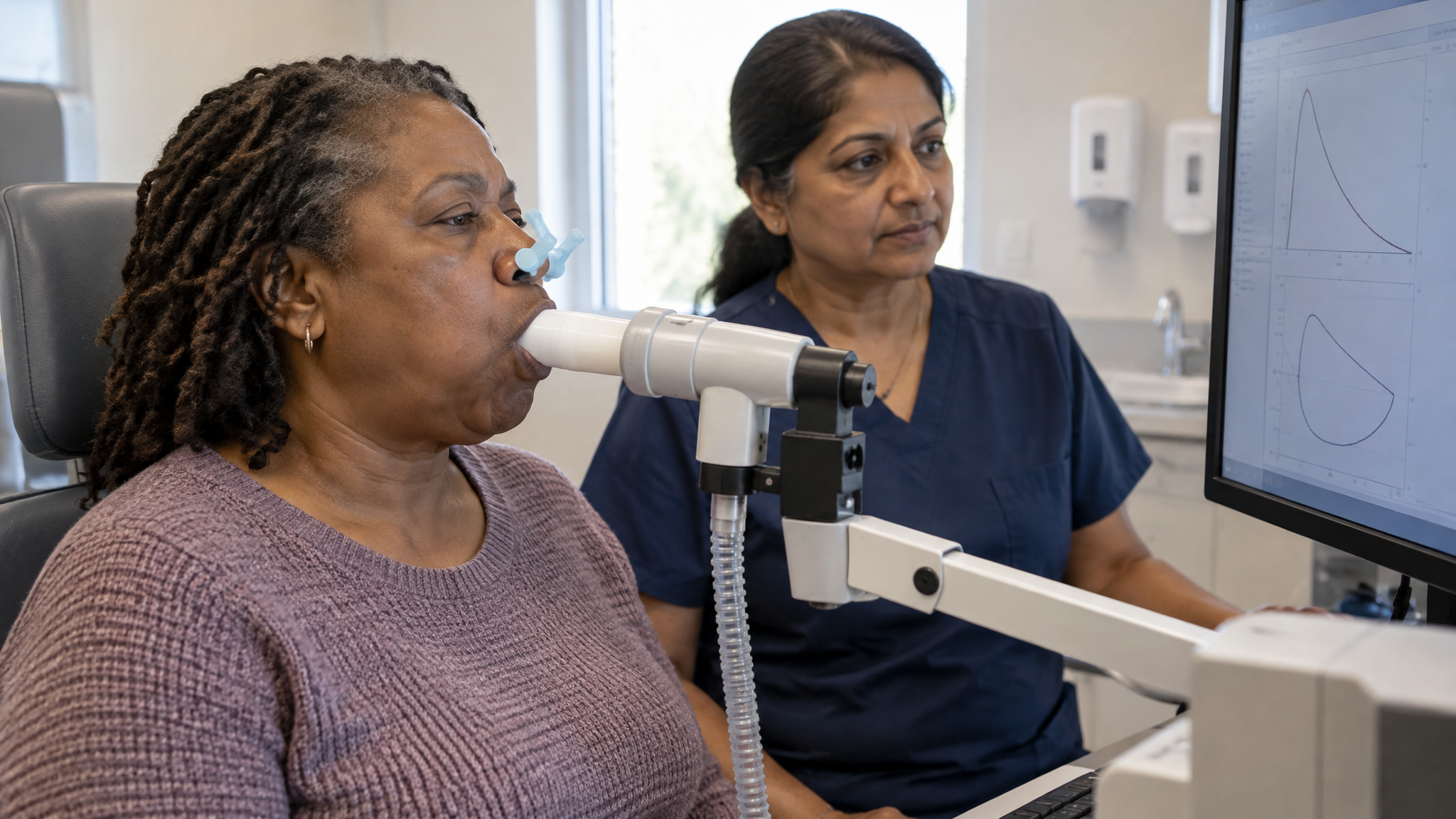 A woman veteran blowing into a spirometer mouthpiece while a woman respiratory therapist watches the monitor