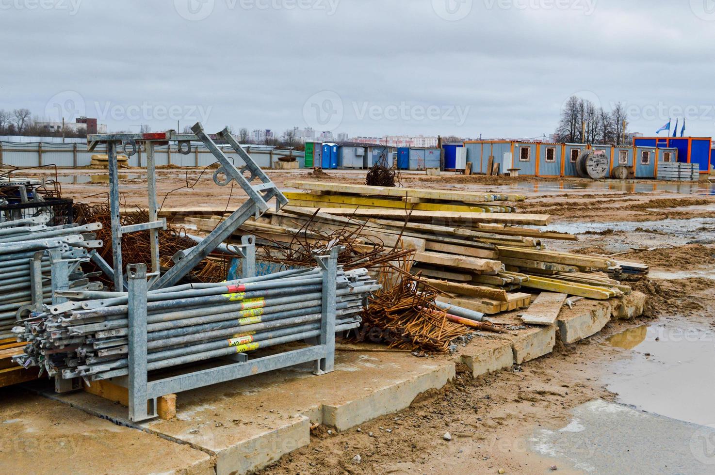 Construction materials including steel and lumber in a warehouse