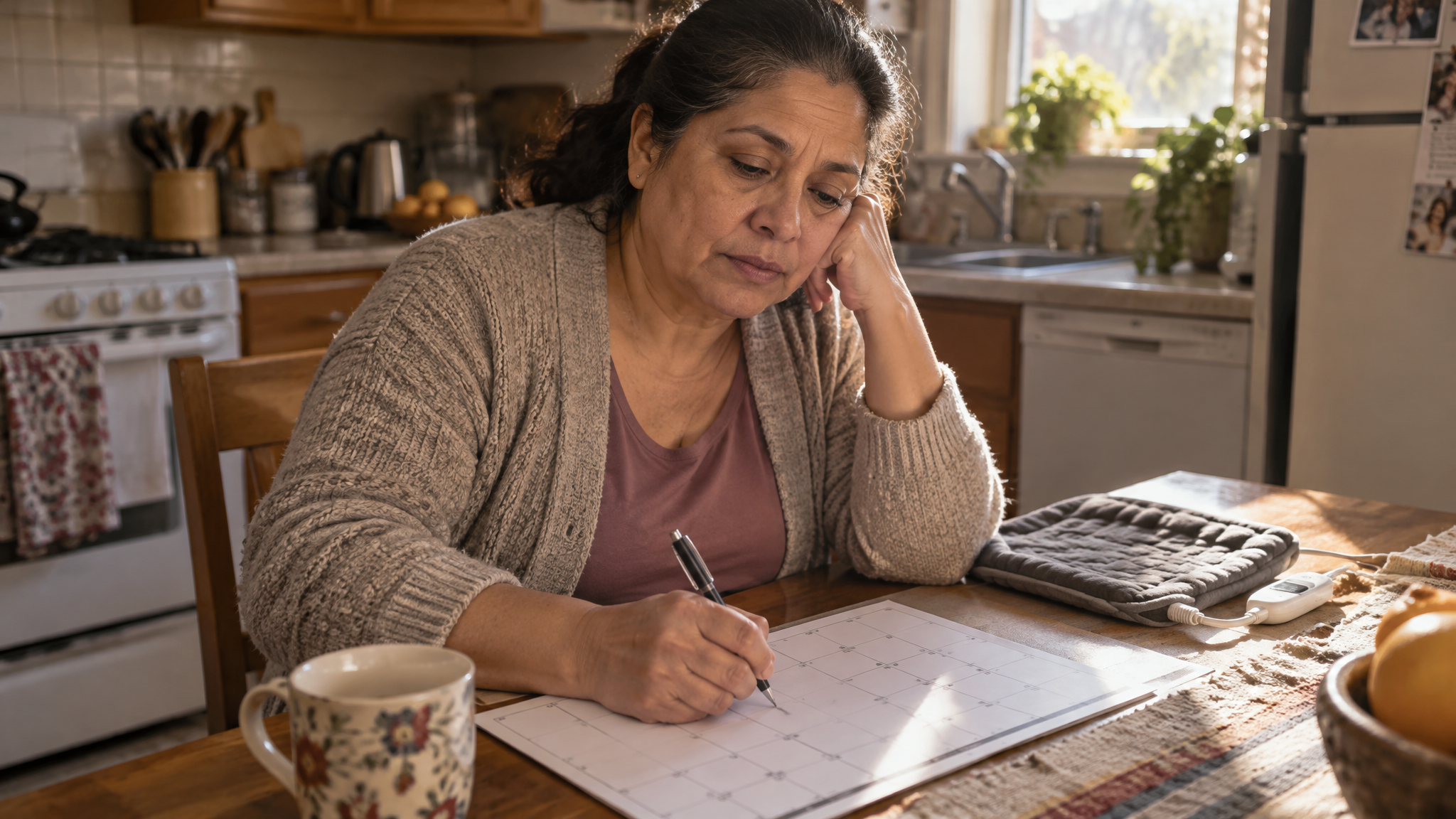 A tired woman veteran at her kitchen table writing in a blank calendar beside a heating pad