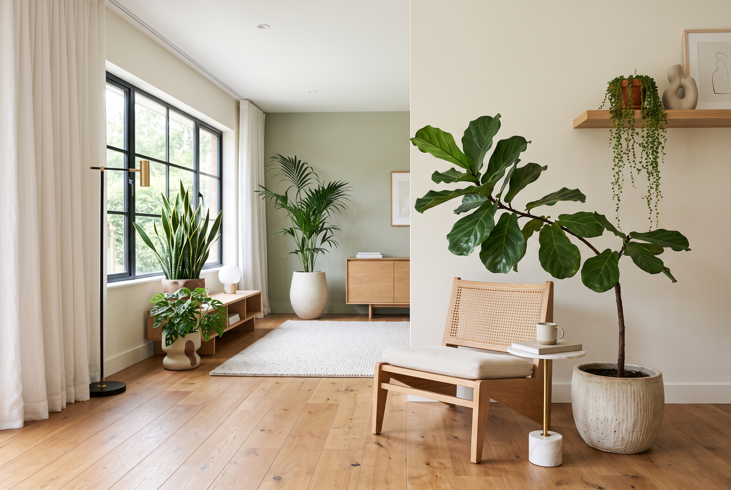 Minimalist room interior with sculptural indoor plants thoughtfully positioned in the space
