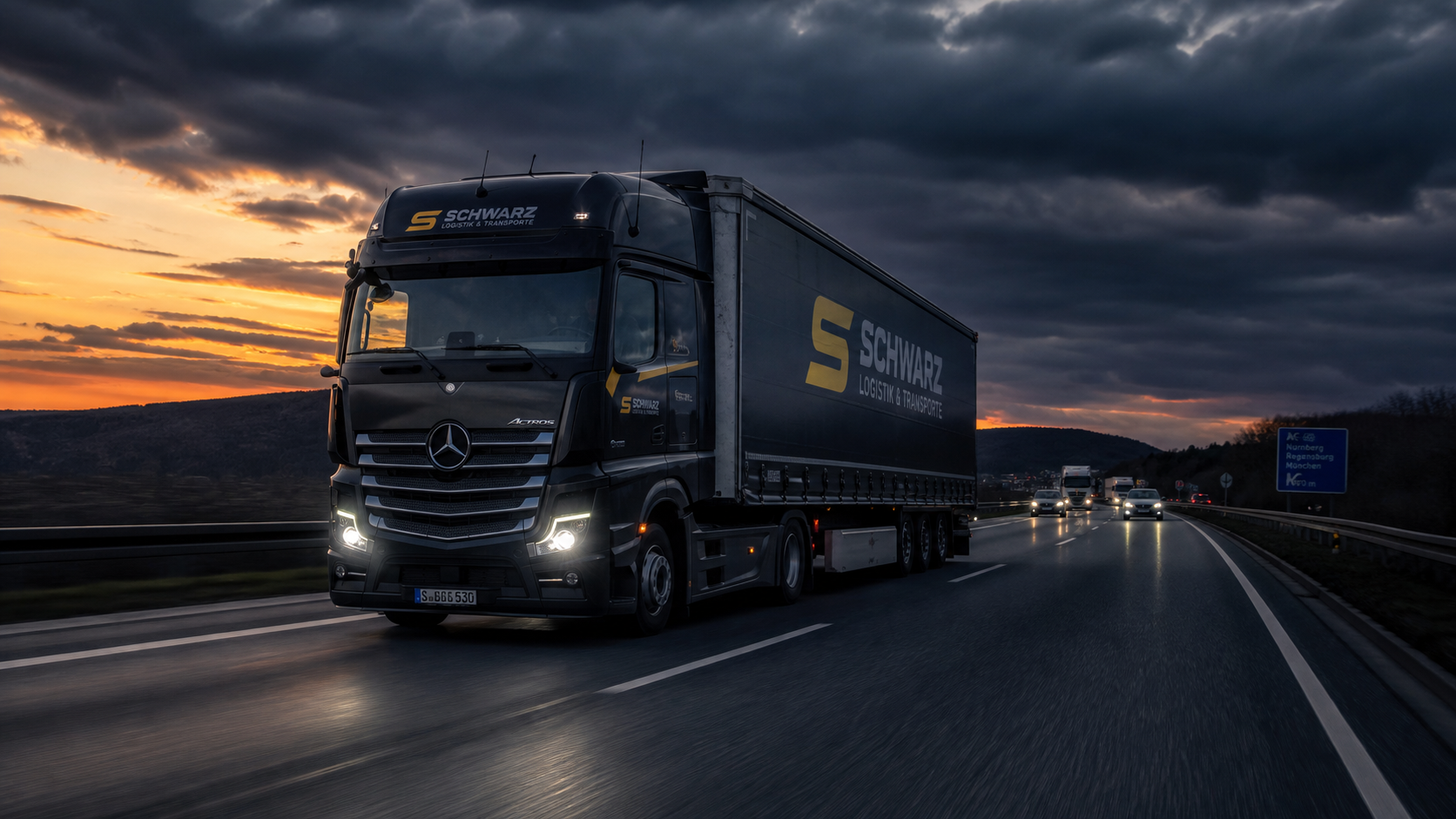 Sattelzug auf der Autobahn bei Dämmerung