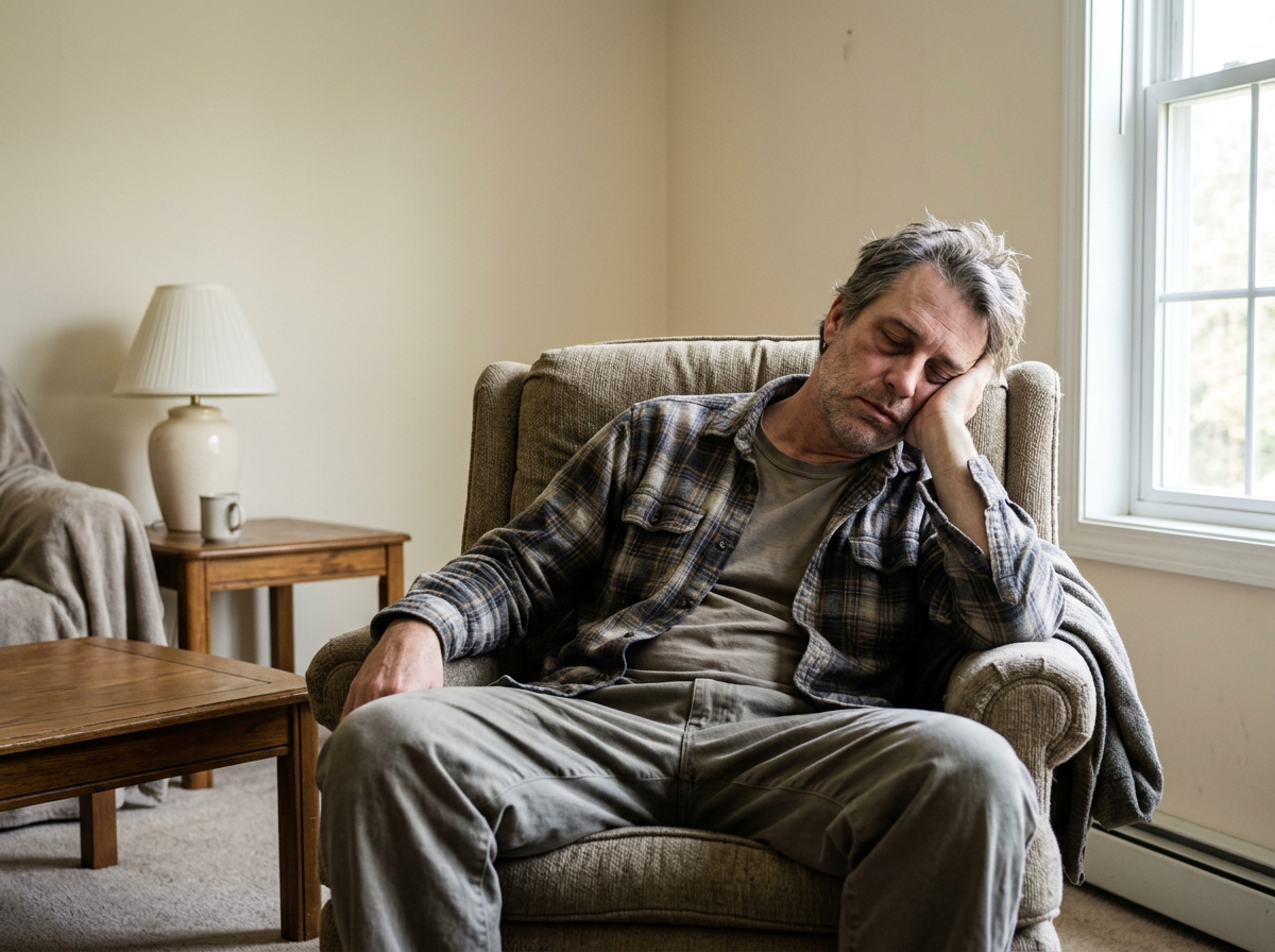 White male veteran slumped in armchair showing severe chronic fatigue
