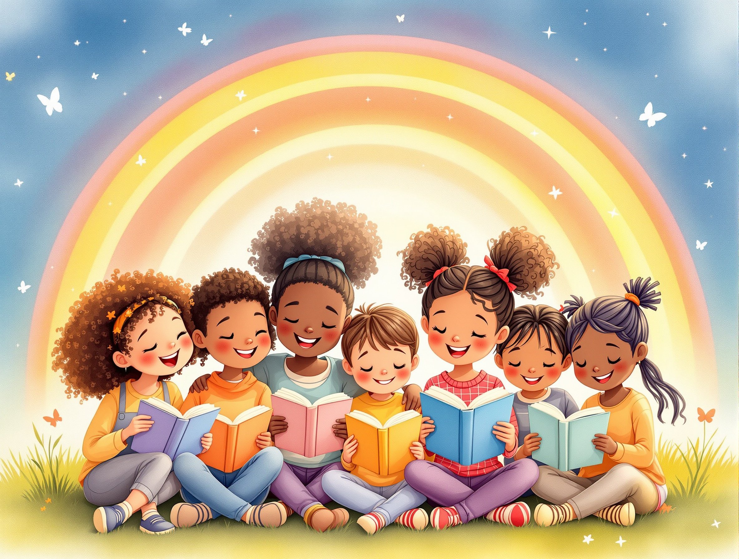 Happy diverse children reading books together under a rainbow