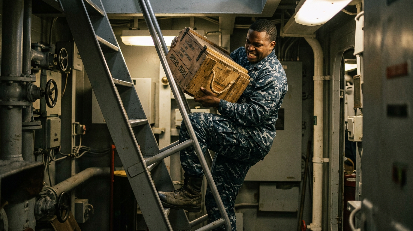 A Black man U.S. Navy sailor in his mid-thirties lifting a heavy supply crate while climbing a steep steel ladderwell below deck, torso twisted and lower back loaded, dim shipboard lighting