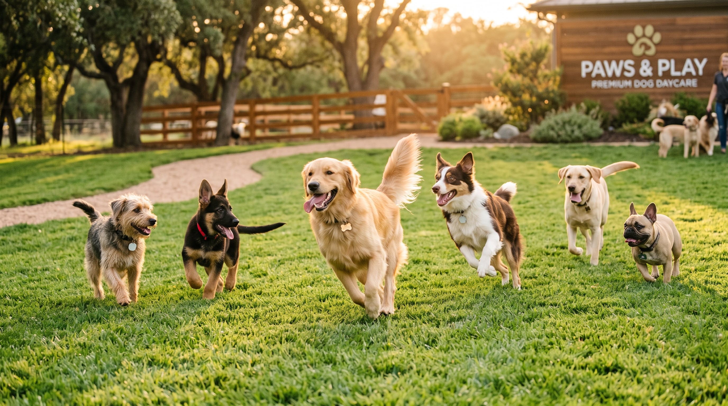 Cães felizes brincando no espaço verde da YARD