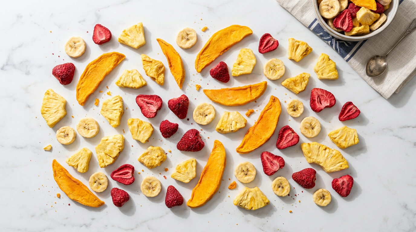 Overhead flat-lay of vibrant freeze dried tropical fruit pieces including mango, pineapple, banana and strawberry