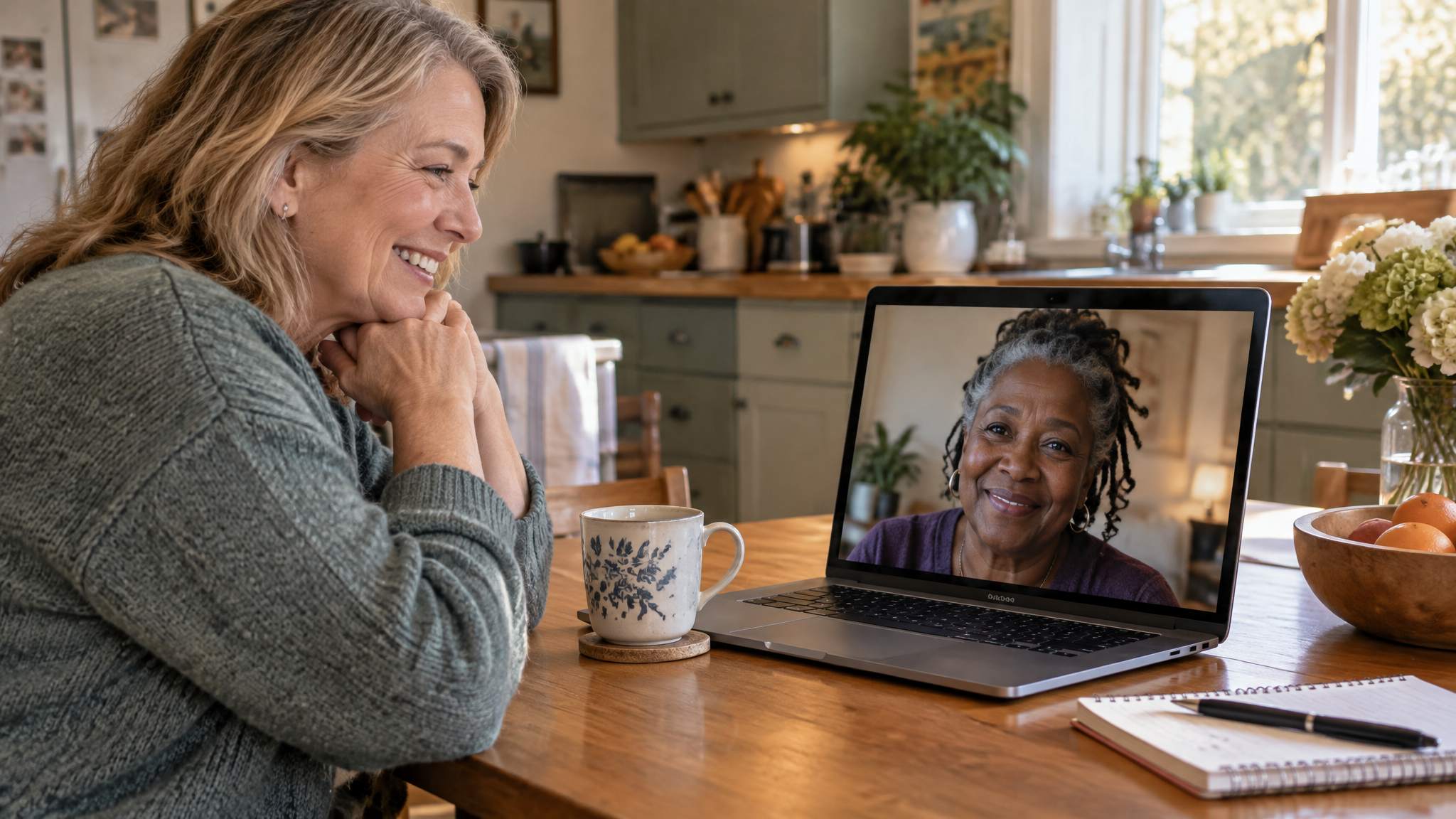 A caregiver smiling during a video call with her peer mentor
