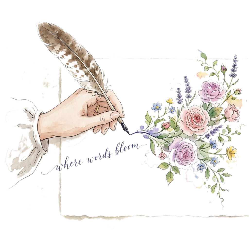 Ilustração aquarela: mão feminina escrevendo com pena, flores brotando do rastro de tinta