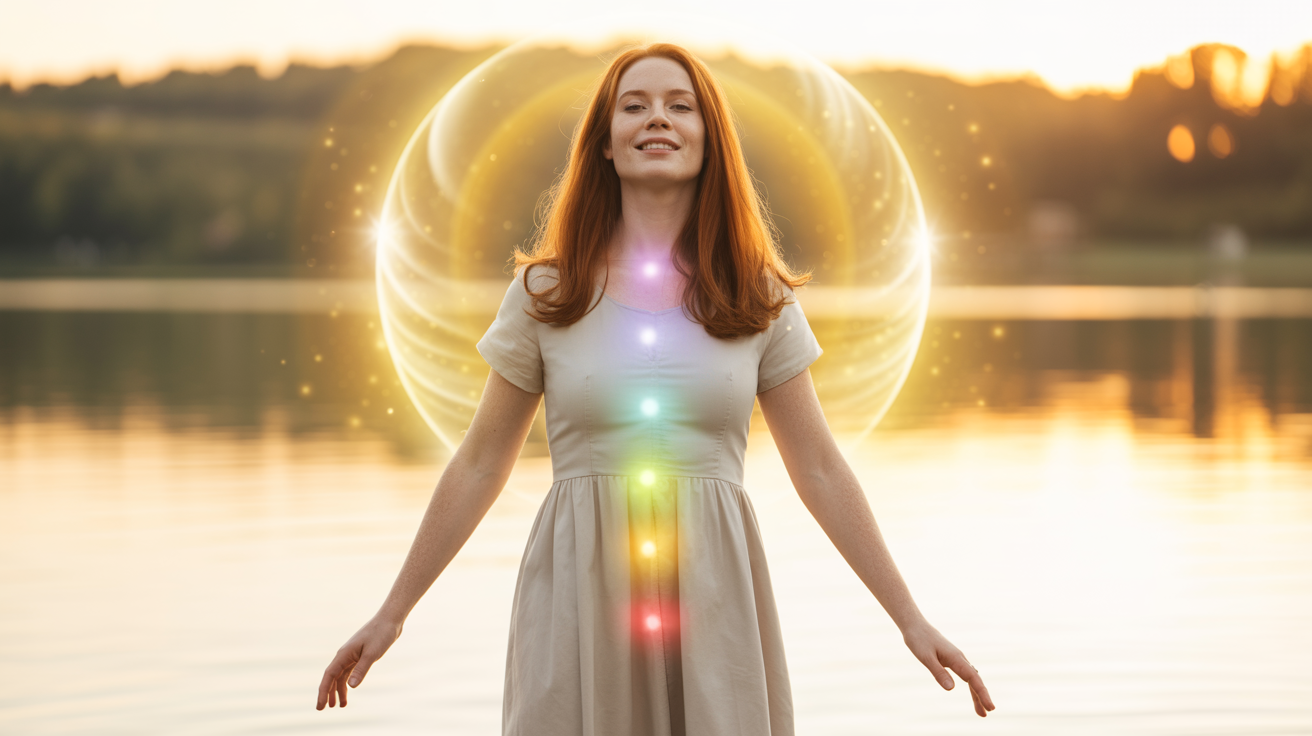 Žena u svojim 30-im sa dugom crvenkasto-smeđom kosom, u jednostavnoj haljini boje slonovače, stoji na ivici mirnog jezera u zlatni sat zalaska sunca, ruke blago podignute ka spolja, nežno osmehnuta, dok pun zlatno-beli oreol zrači oko celog njenog tela, a meke duginih boja čakre su vidljive duž kičme — stanje potpune obnove vitalne sile i unutrašnje celovitosti. Stres i energija – žena sa uravnoteženim energetskim centrima i aktivnim čakrama, simbol potpune harmonije tela i uma