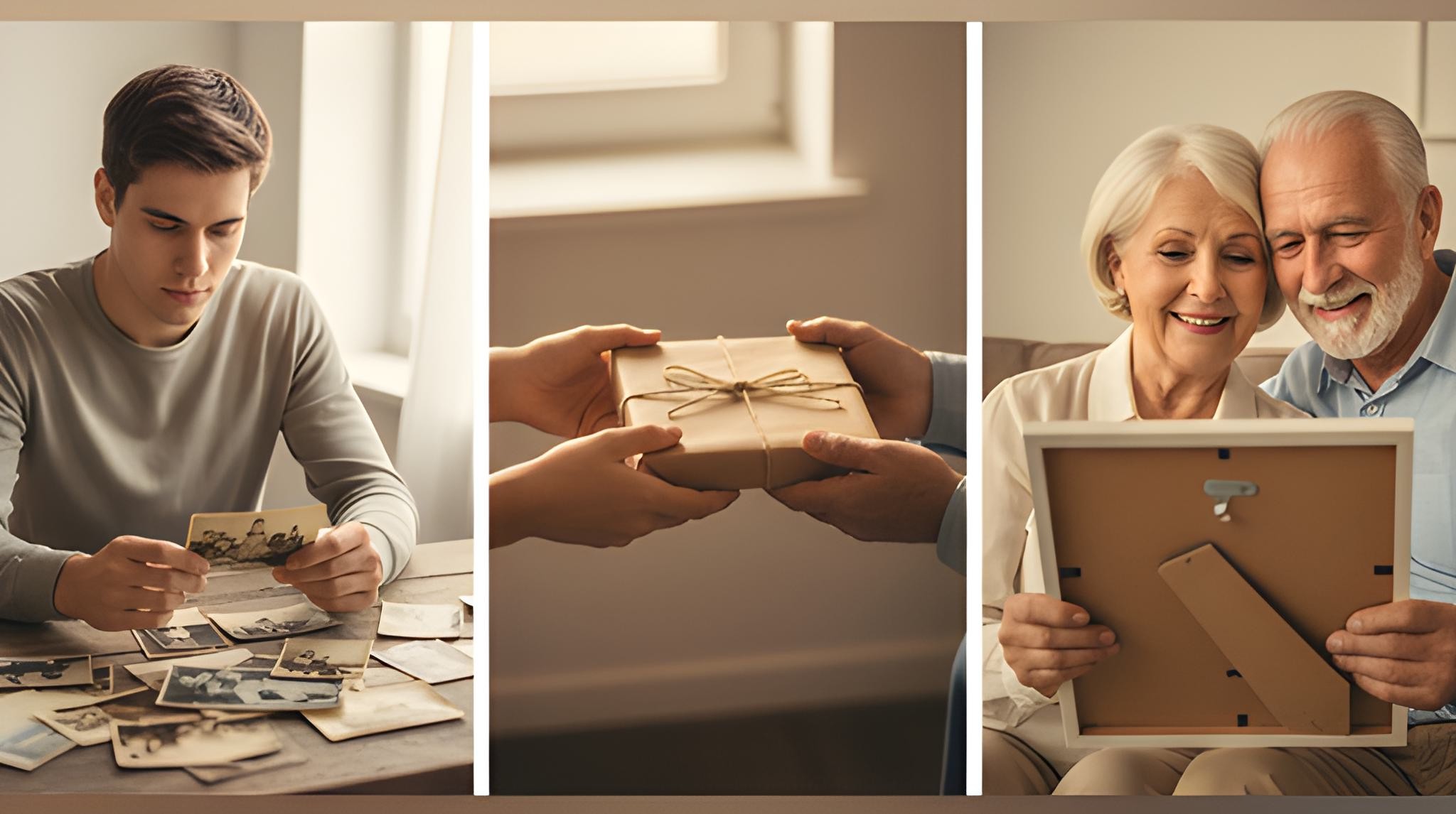 Three moments of love and memory: young man with old photos, hands sharing a gift, elderly couple viewing portraits