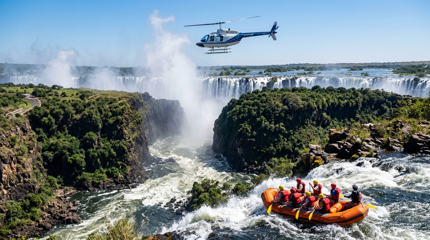 A tour helicopter above Victoria Falls with a white-water raft on the Zambezi River below