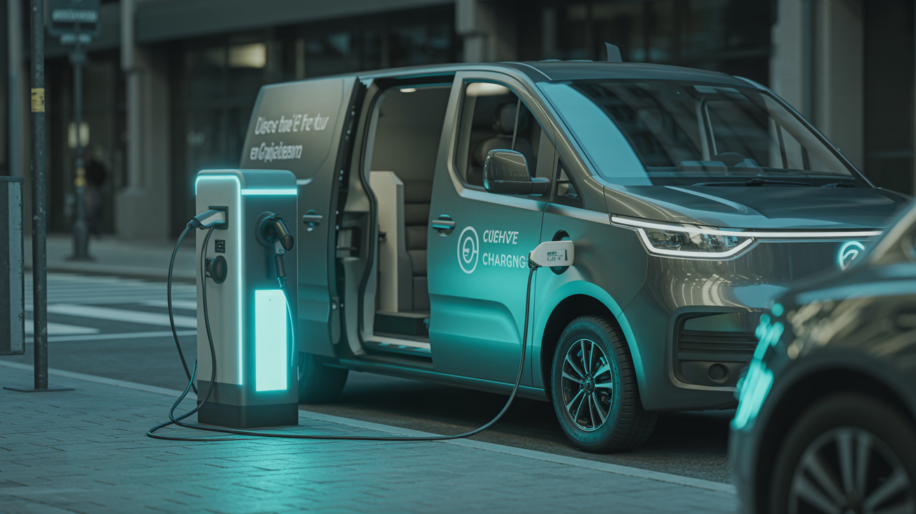 Mobile EV charging service van charging an electric vehicle at night