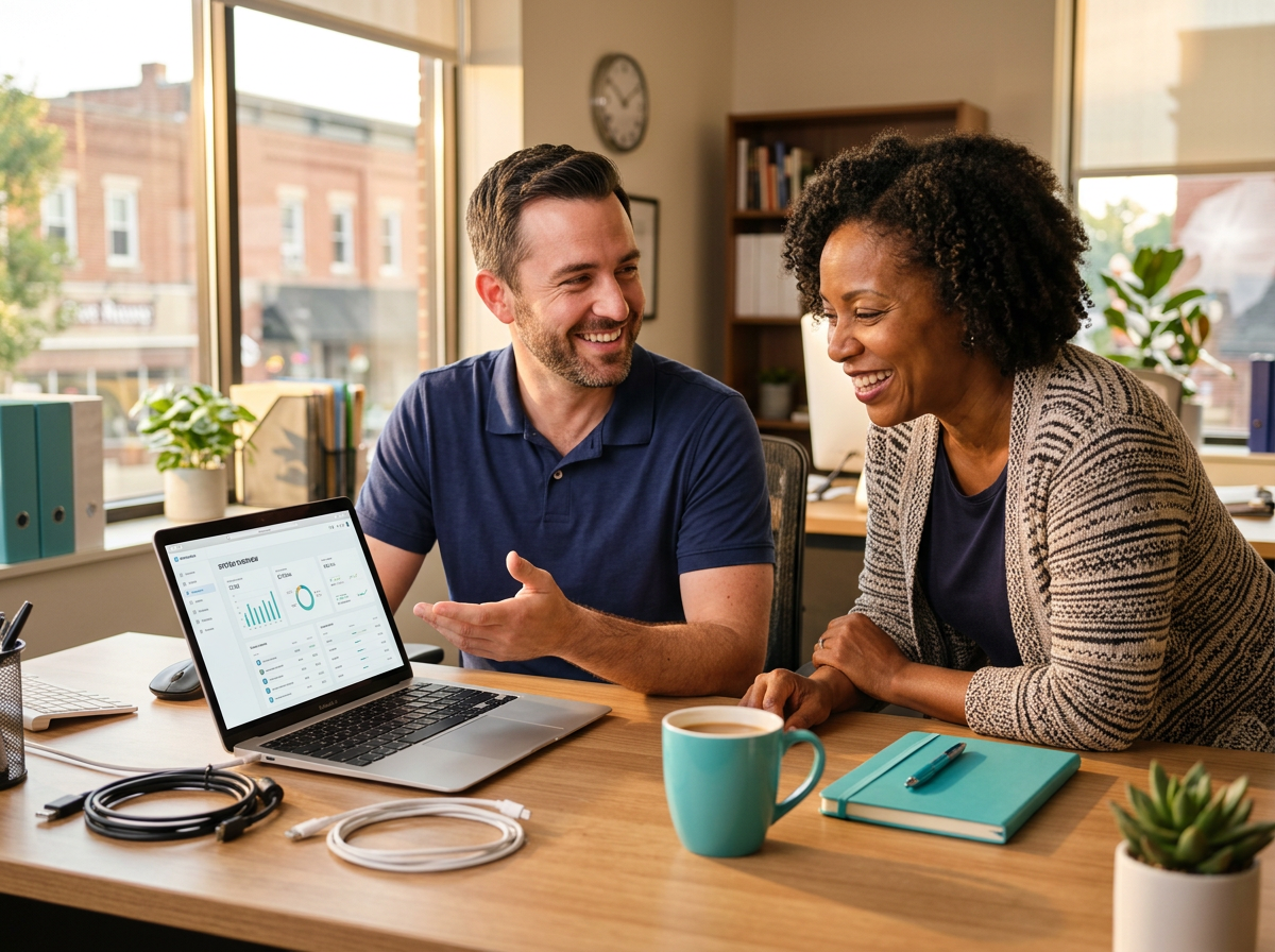 IT professional collaborating with a small business owner at their office desk