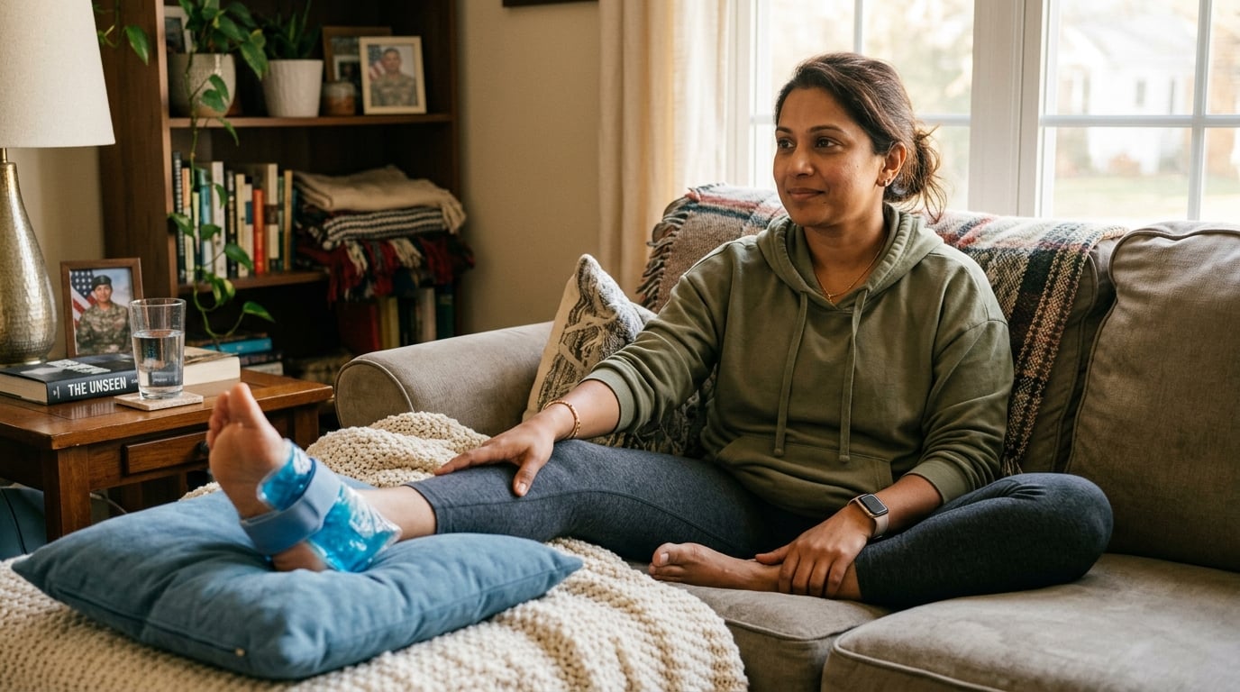 A woman veteran resting with an ice pack wrapped around her heel