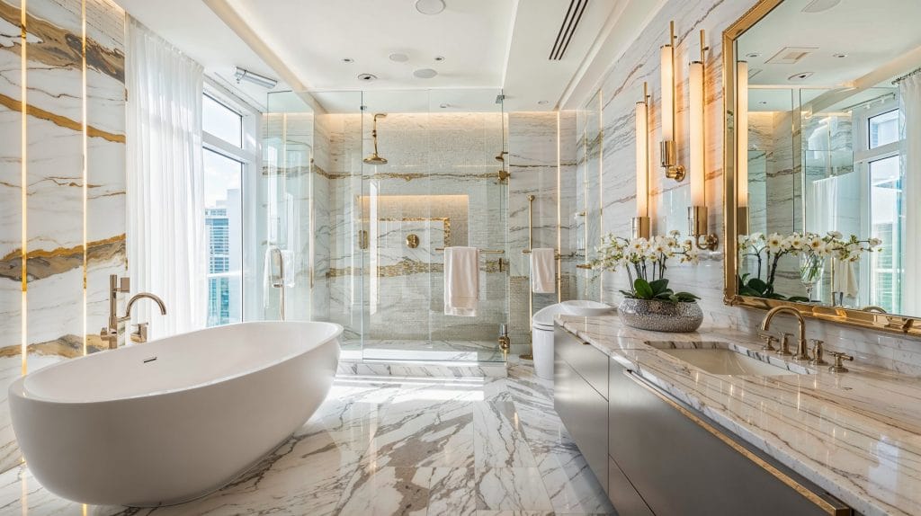 High-end spa-like bathroom with premium tile work