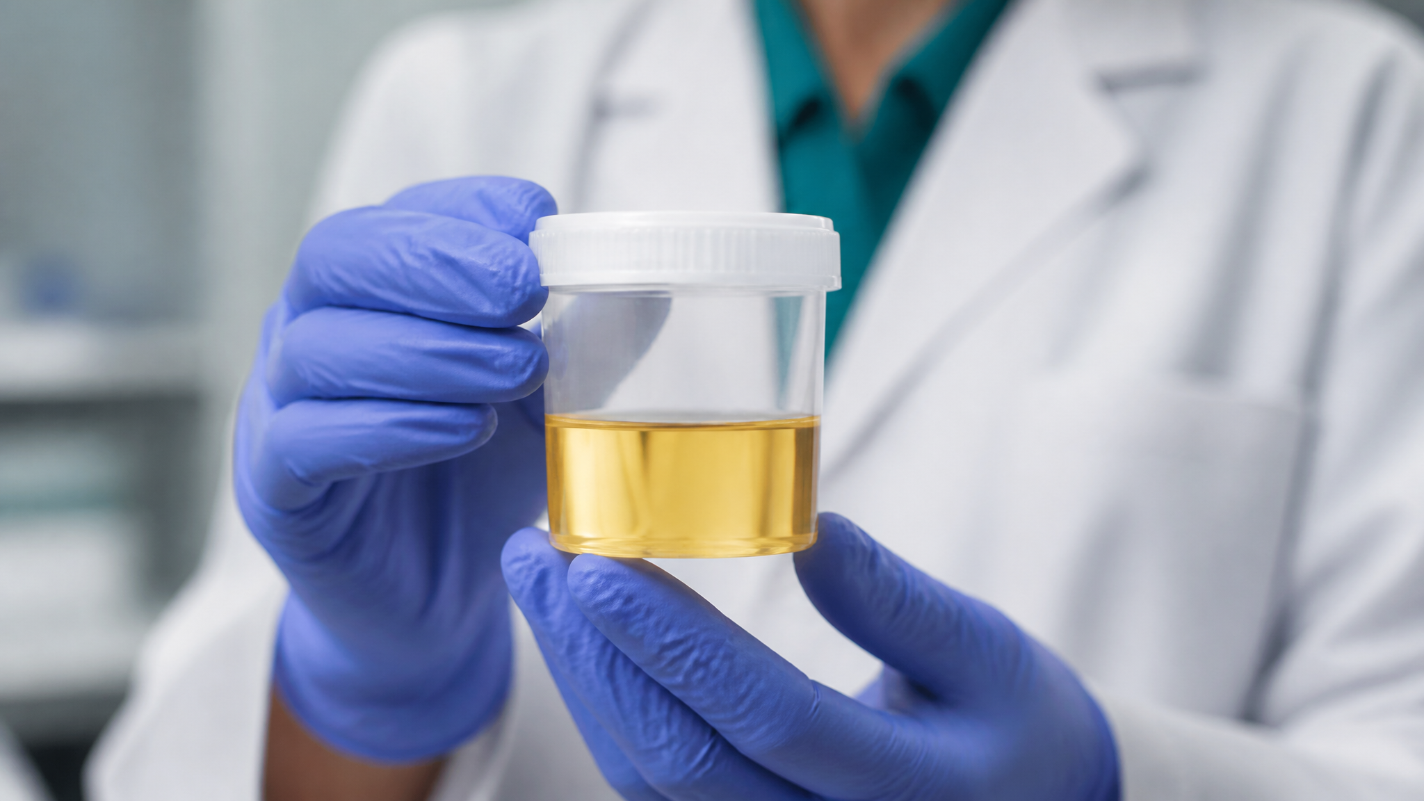 Clinician holding a clear urine specimen cup for urinalysis testing