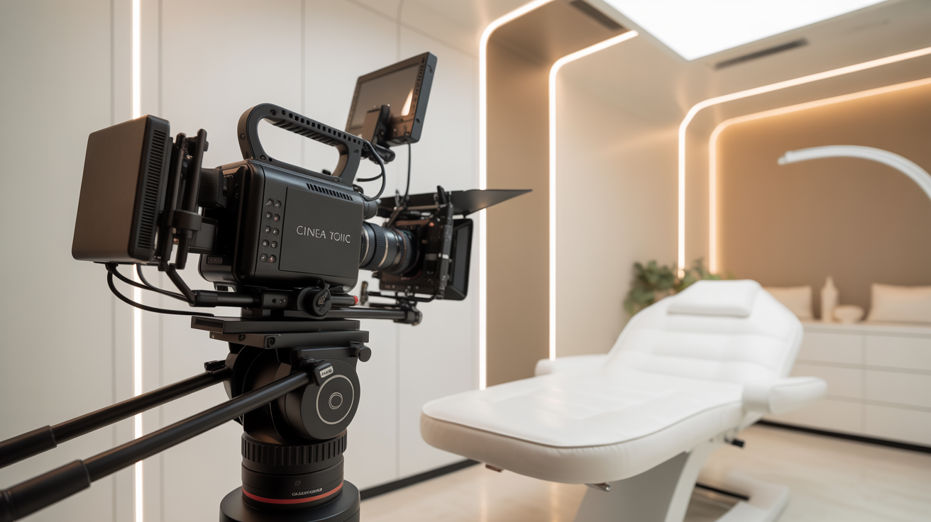 Professional video filming session in a sleek modern aesthetic clinic