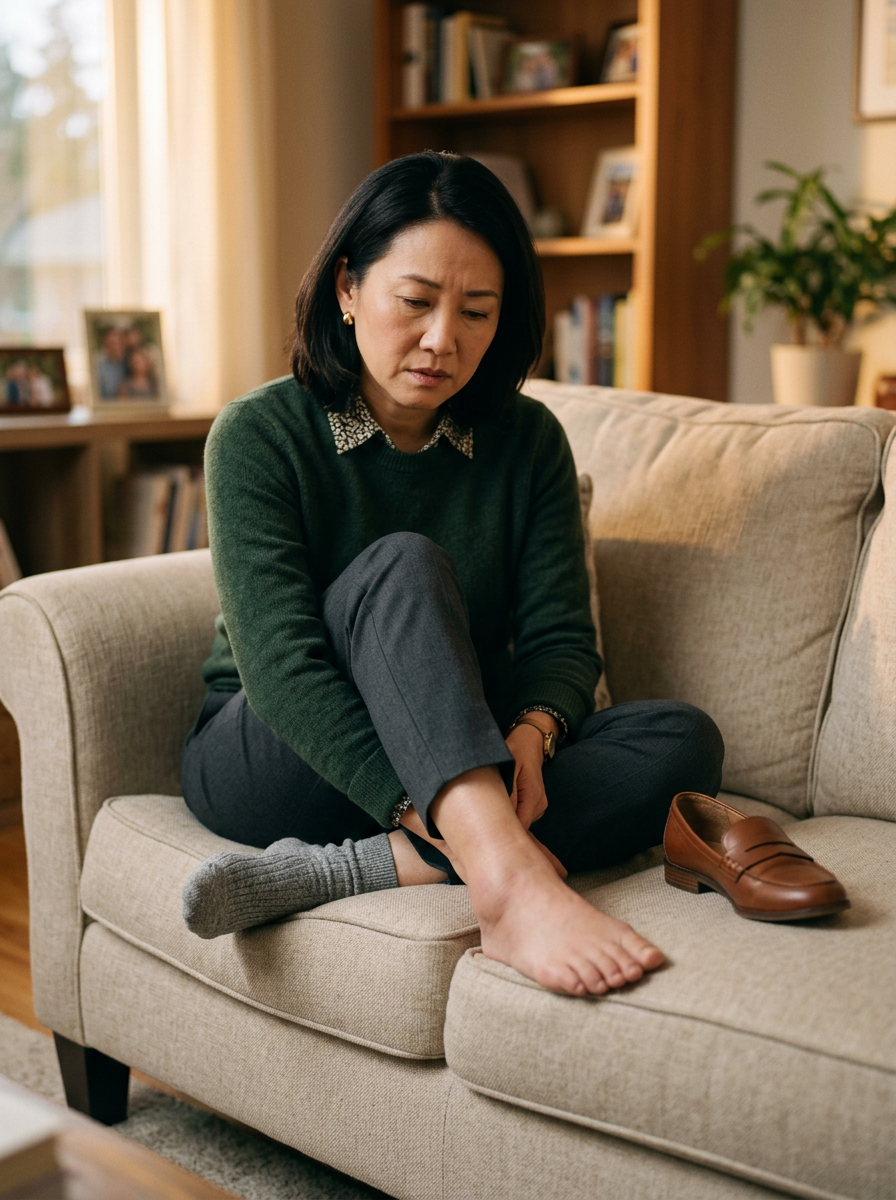 Asian female veteran in her 40s sitting on a couch holding her swollen inner ankle and arch after a day of standing