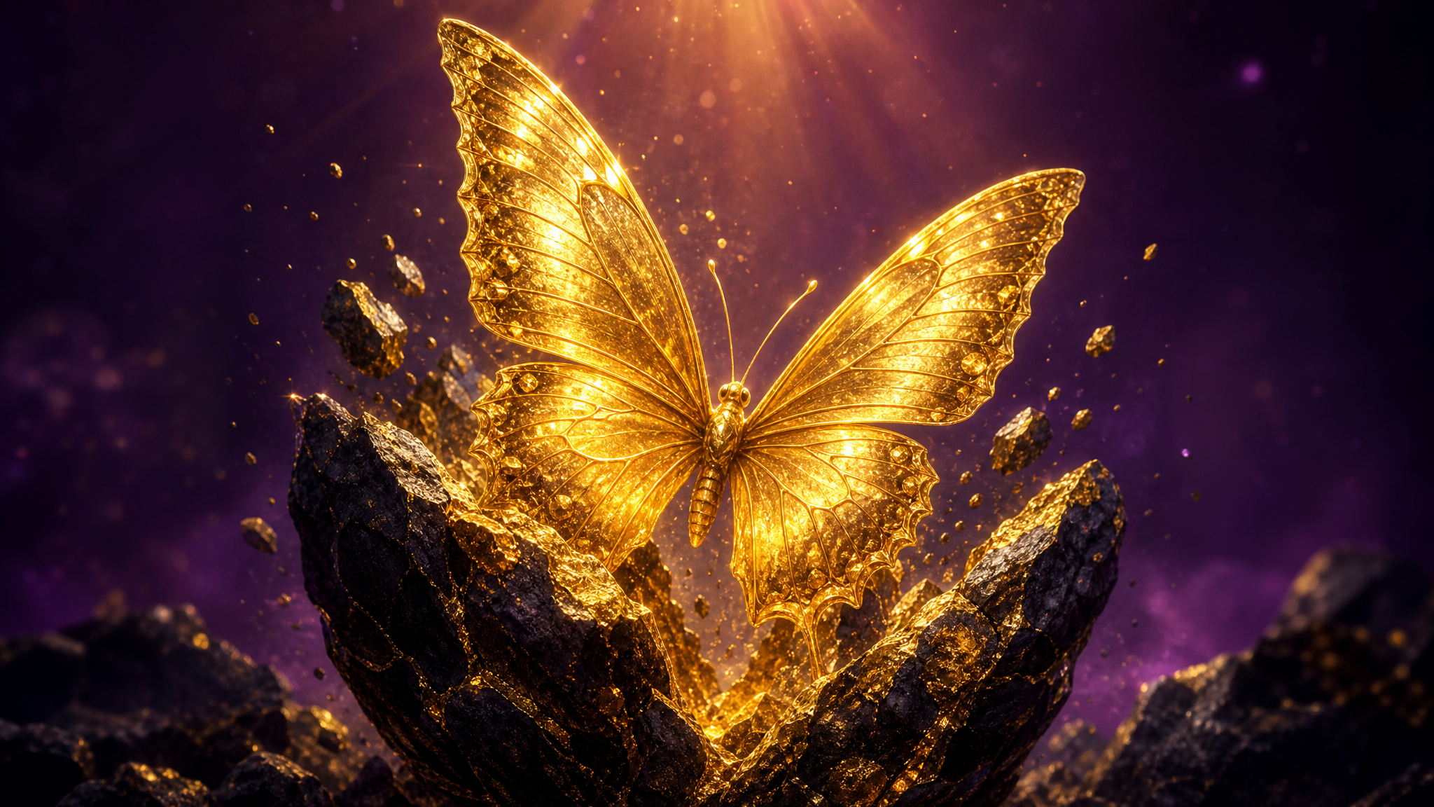 The Process of Becoming - Gold butterfly emerging from raw stone, symbolizing transformation