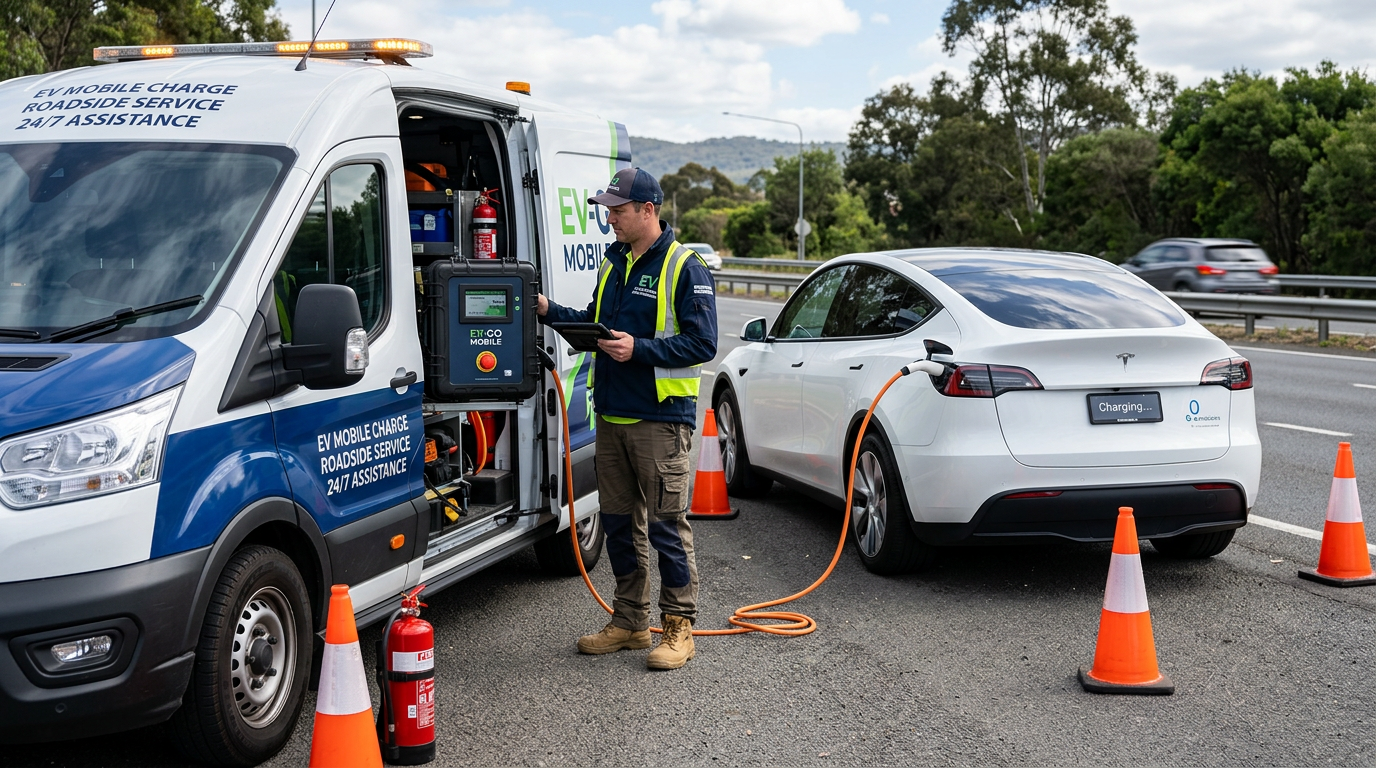 Tesla being charged on-site by mobile EV charging service