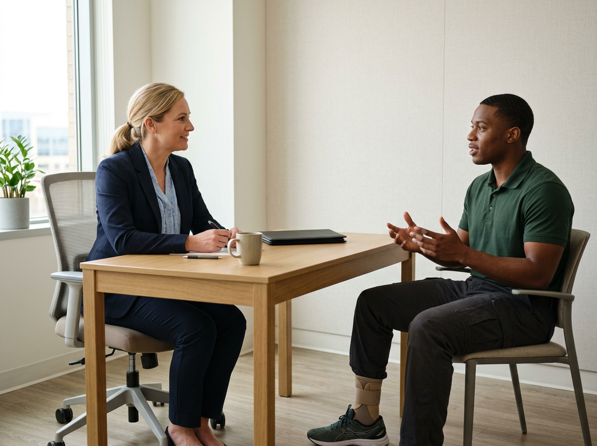 A white female vocational counselor at a desk meeting with a young Black male veteran, discussing the occupational impact of his ankle condition